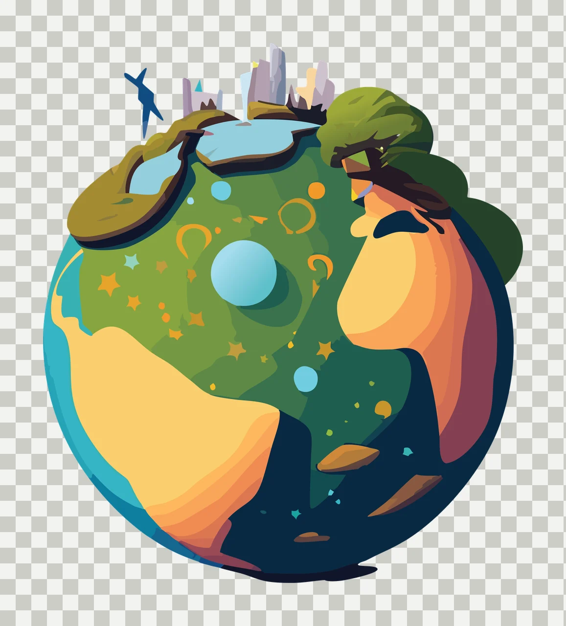 Stylized Globe With Miniature Buildings floating towers silhouette transparency and detail preview thumbnail