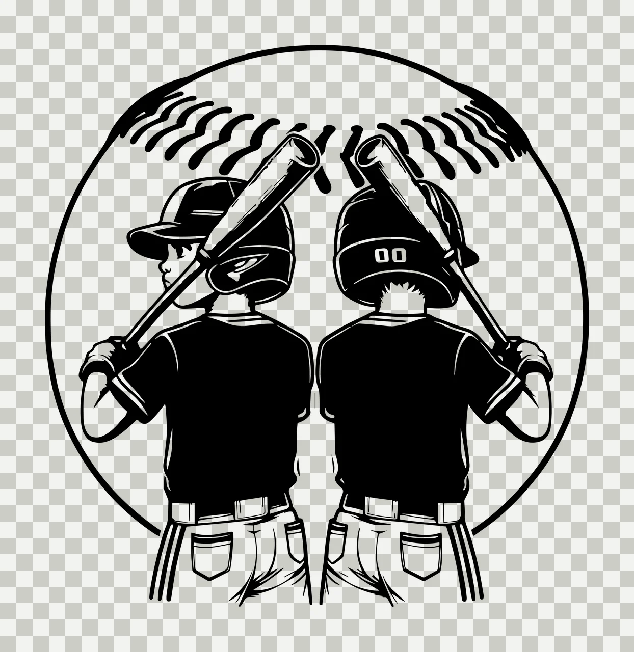 Baseball Two Players Holding Bats standing with sketch black transparency and detail preview thumbnail