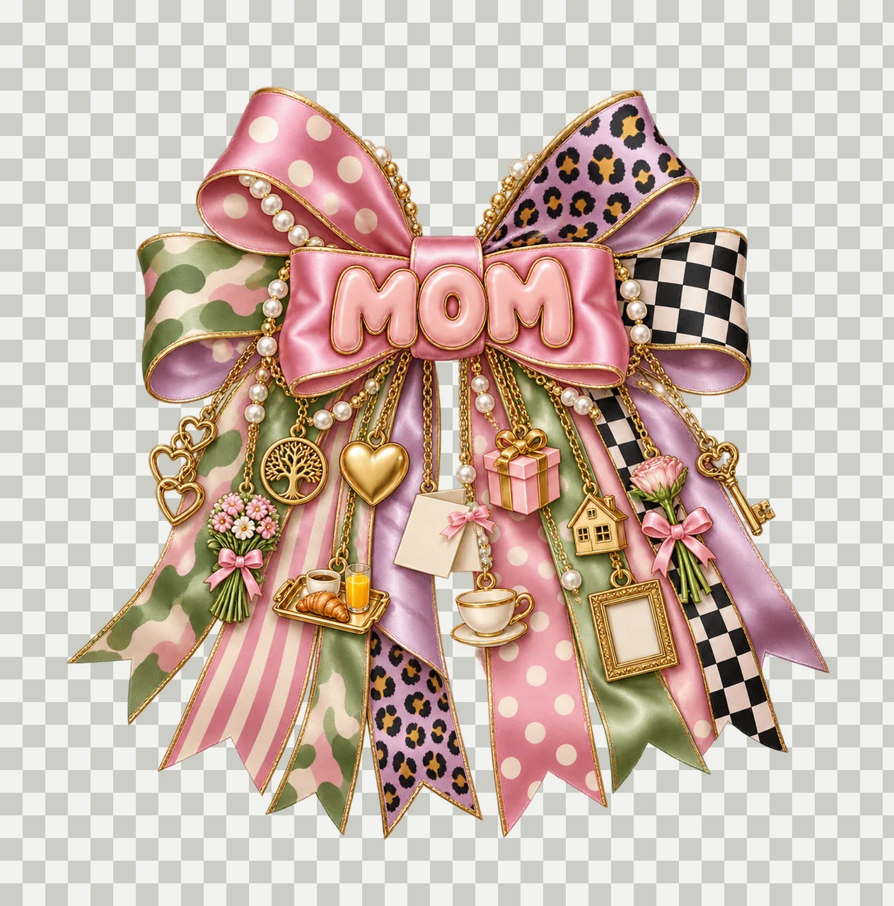 Mom / Mother's Day Bow Charm PNG, Gold Chain Charms, Transparent Sublimation Design, Digital Download transparency and detail preview thumbnail