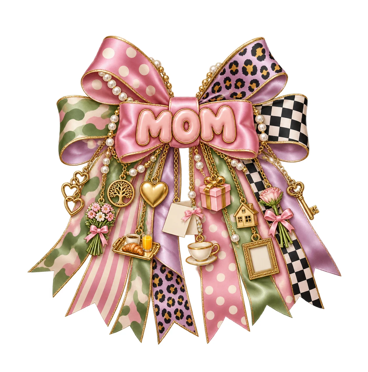 Mom / Mother's Day Bow Charm PNG, Gold Chain Charms, Transparent Sublimation Design, Digital Download