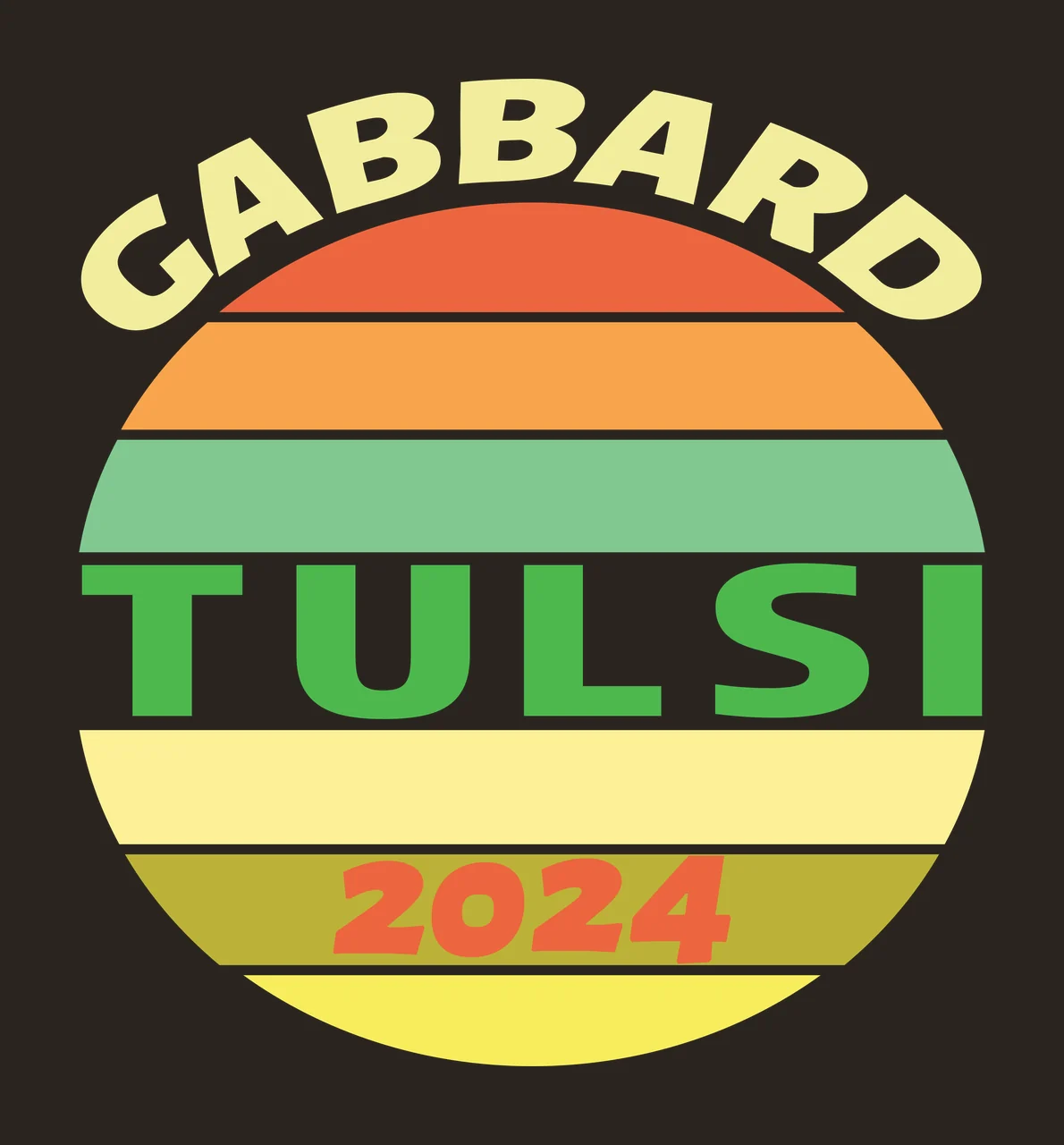 GABBARD TULSI 2024 Typography Design with GABBARD arched text, TULSI bold text, 2024 numerals and horizontal striped circle in yellow, orange and green contrast preview thumbnail