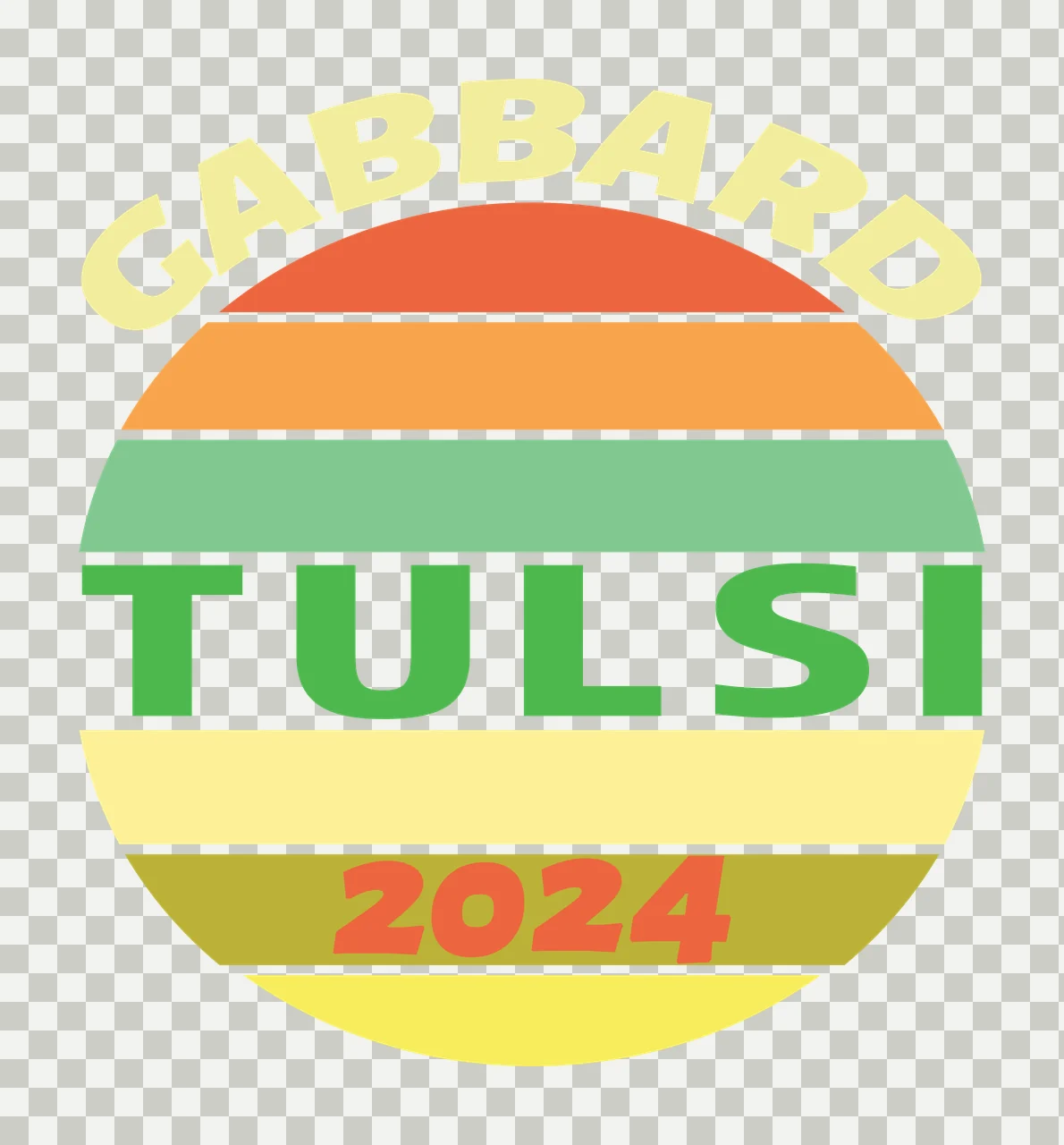 GABBARD TULSI 2024 Typography Design with GABBARD arched text, TULSI bold text, 2024 numerals and horizontal striped circle in yellow, orange and green transparency and detail preview thumbnail