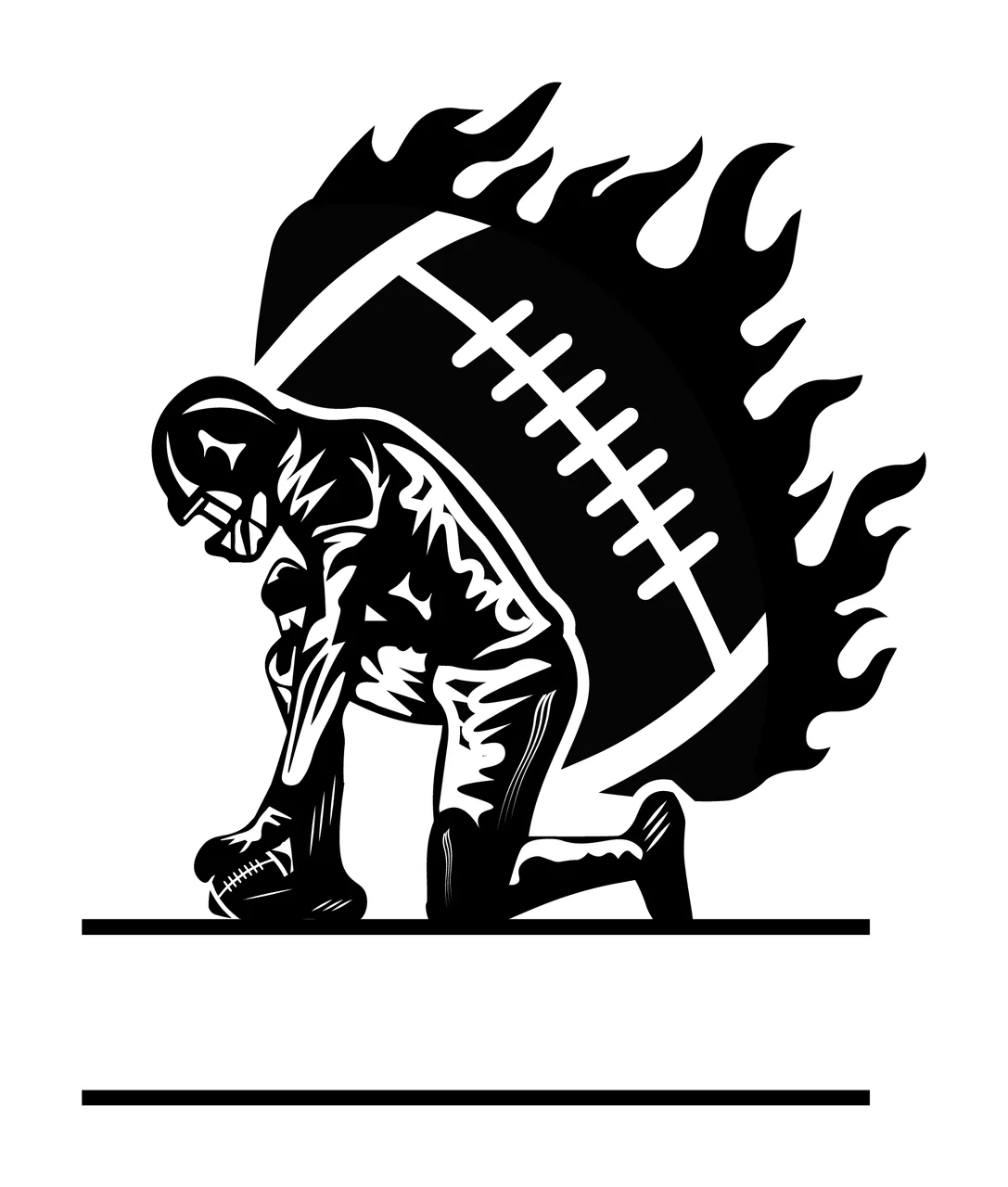 Football Player Kneeling On One Knee flames lines black white