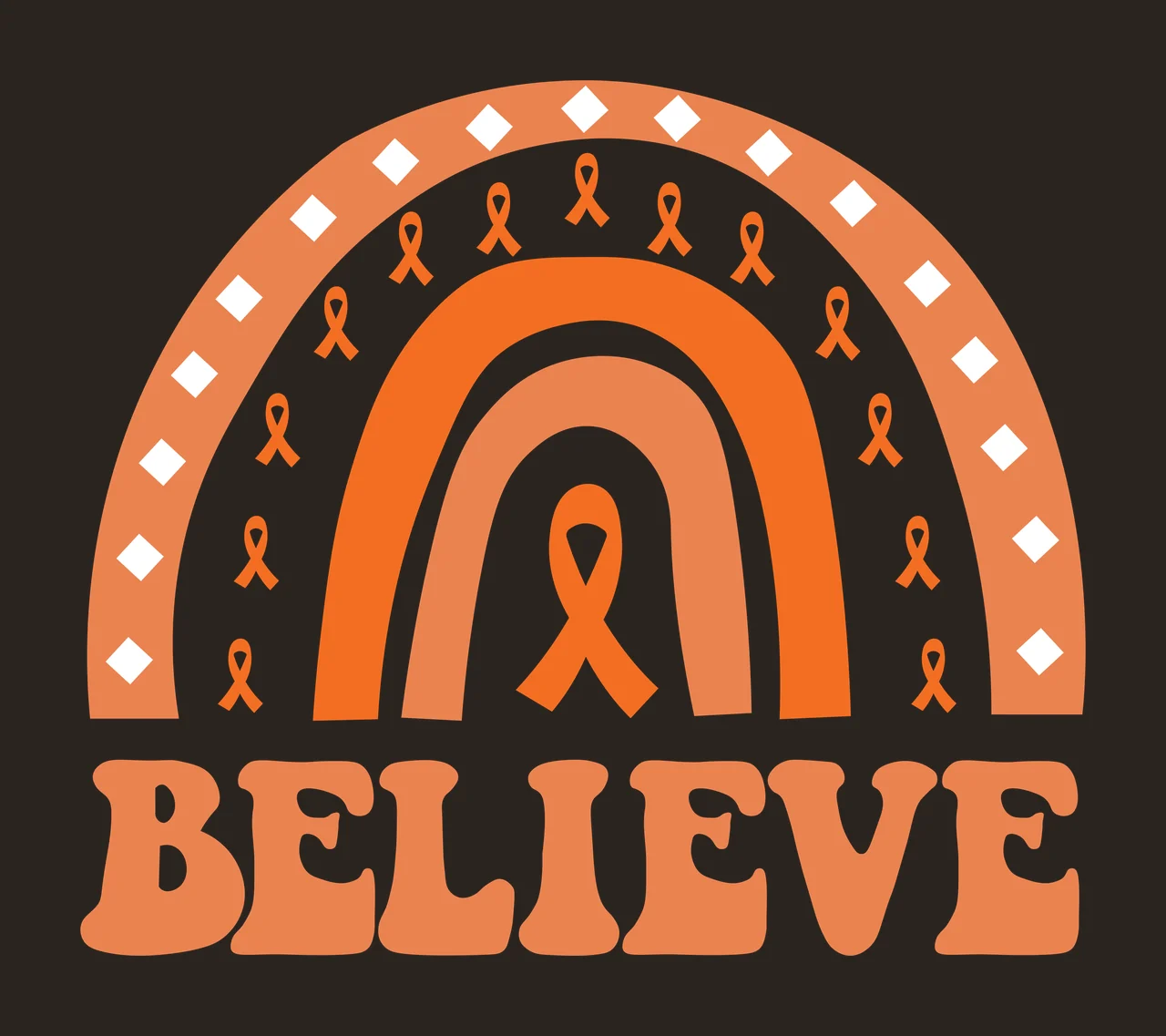 BELIEVE Typography Design with orange rainbow arches, orange awareness ribbons, diamond pattern border and central orange ribbon in white contrast preview thumbnail