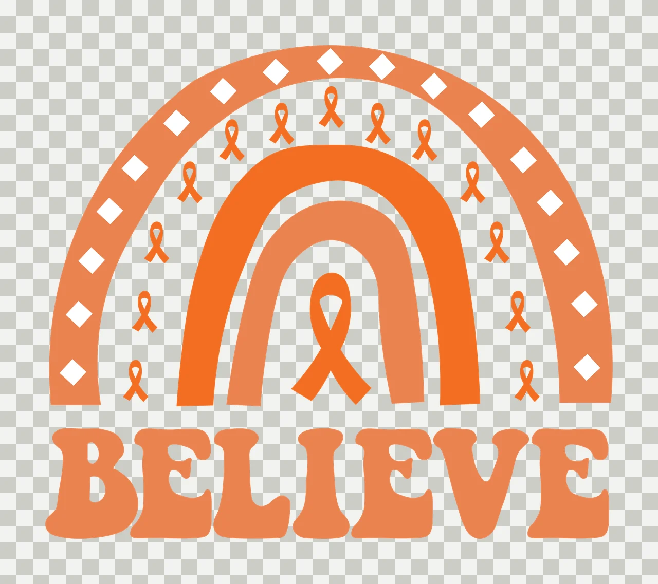 BELIEVE Typography Design with orange rainbow arches, orange awareness ribbons, diamond pattern border and central orange ribbon in white transparency and detail preview thumbnail