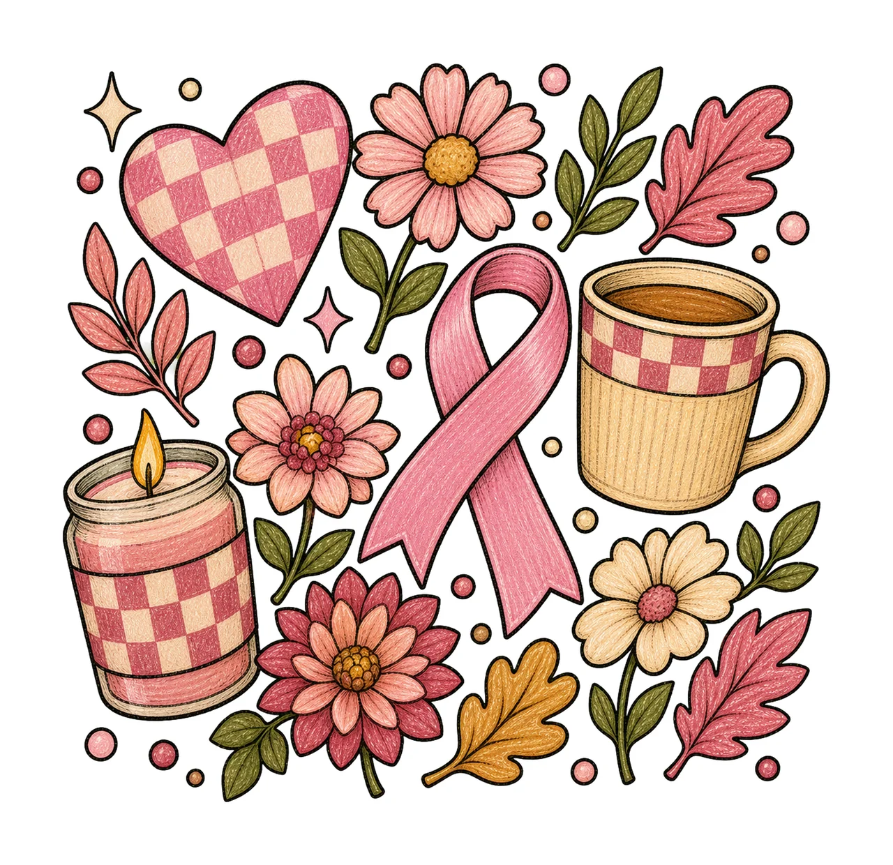 Checkered Heart Ribbon Coffee Mug decorative motifs pink