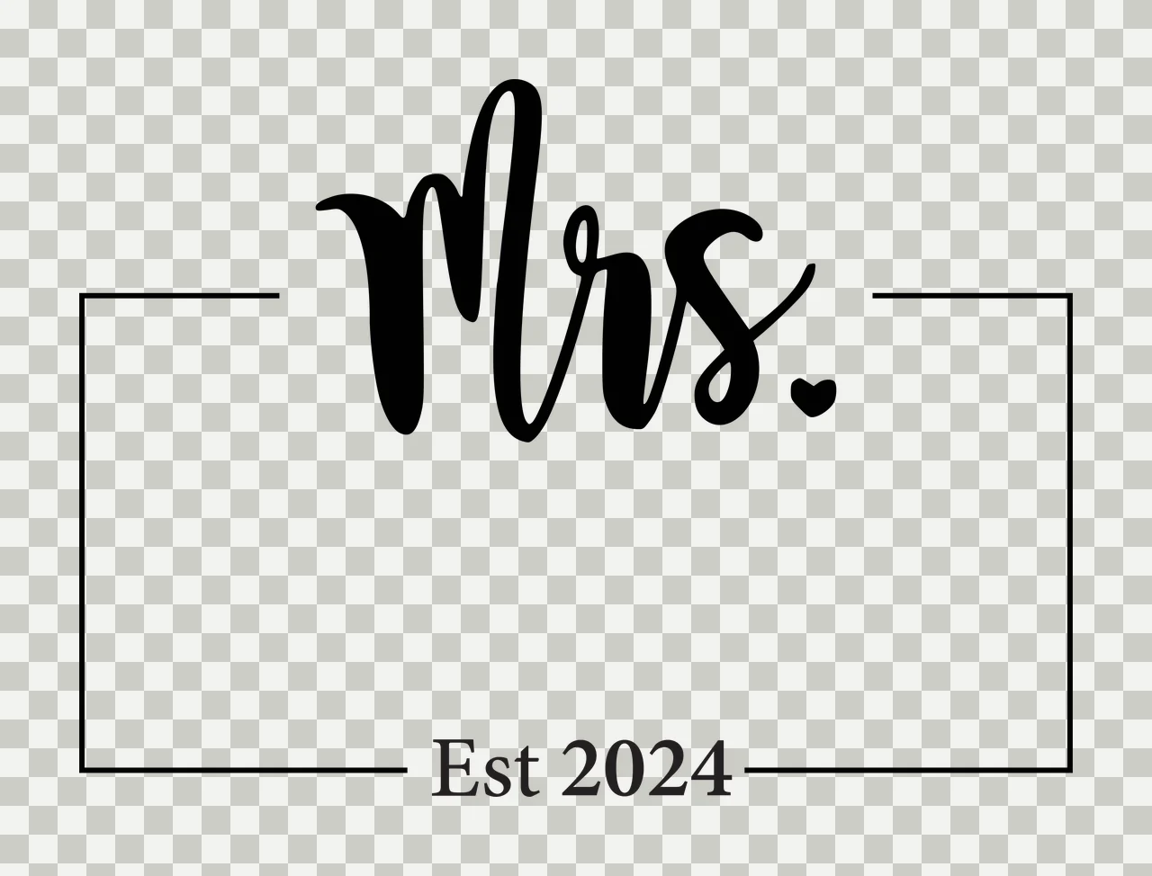 Mrs. Est 2024 Typography Design with black cursive 'Mrs ', small black heart, black rectangular frame with horizontal lines and black serif 'Est 2024' in white transparency and detail preview thumbnail