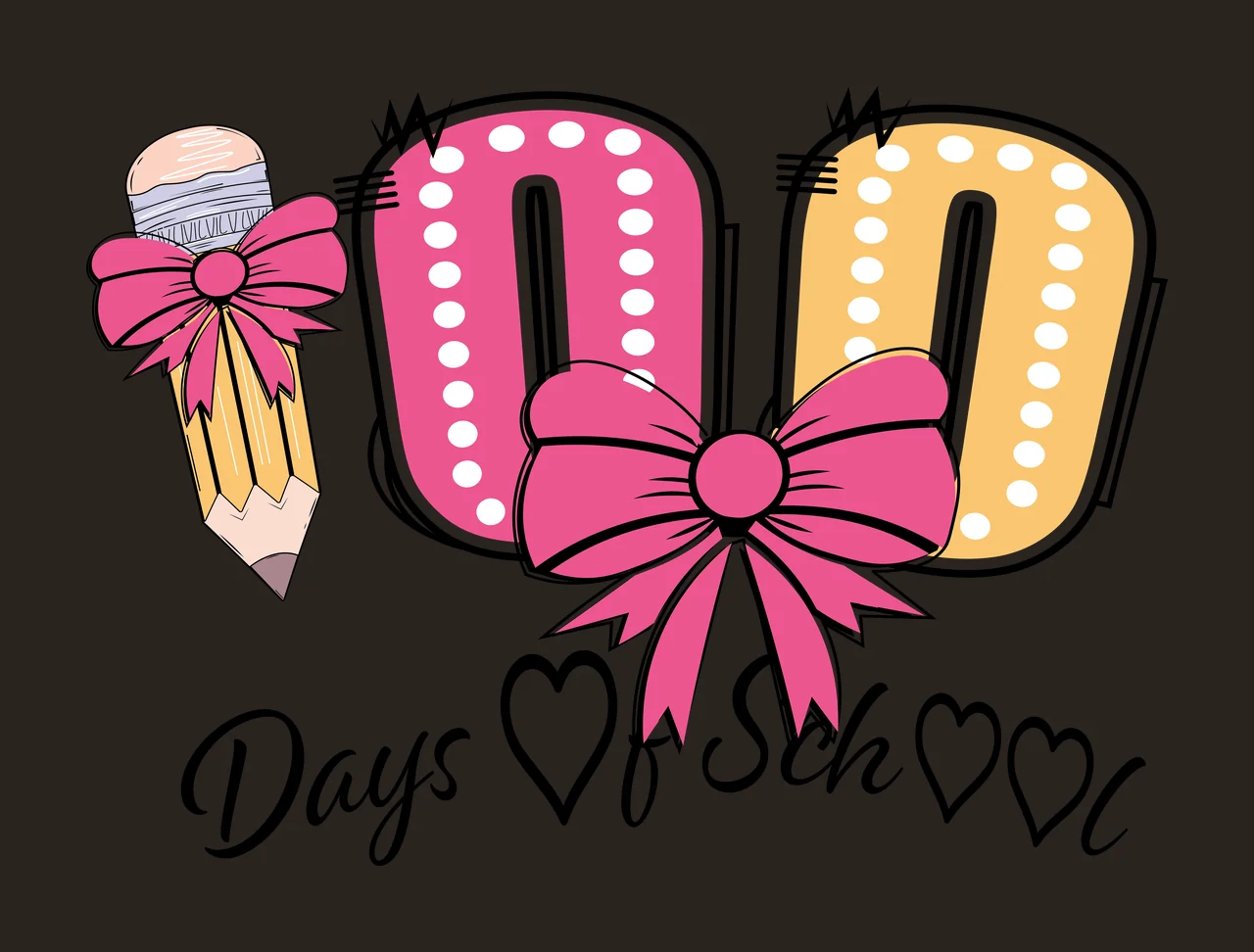Bow 100 Days Of School Graphic Number Decorating hearts pencil contrast preview thumbnail