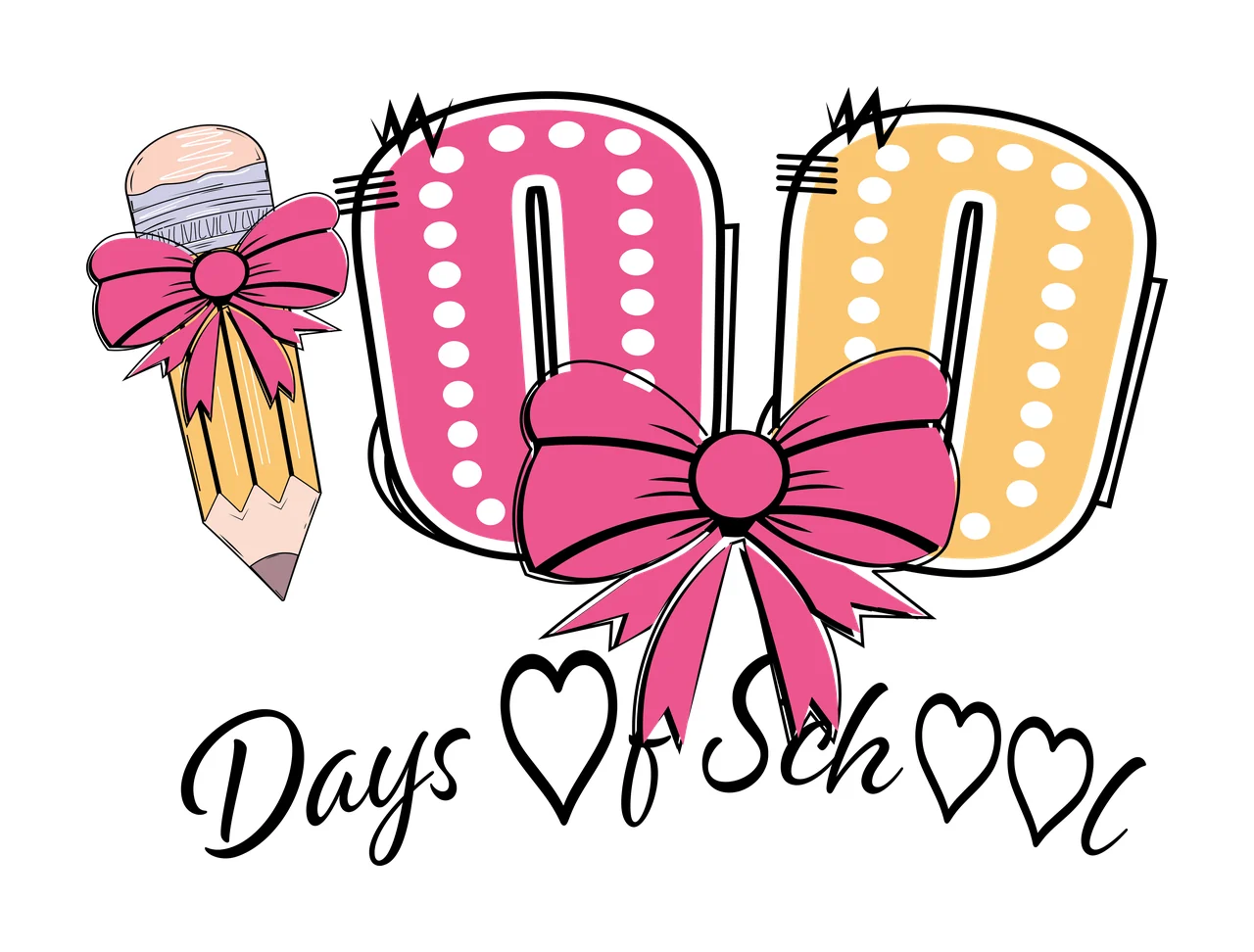 Bow 100 Days Of School Graphic Number Decorating hearts pencil
