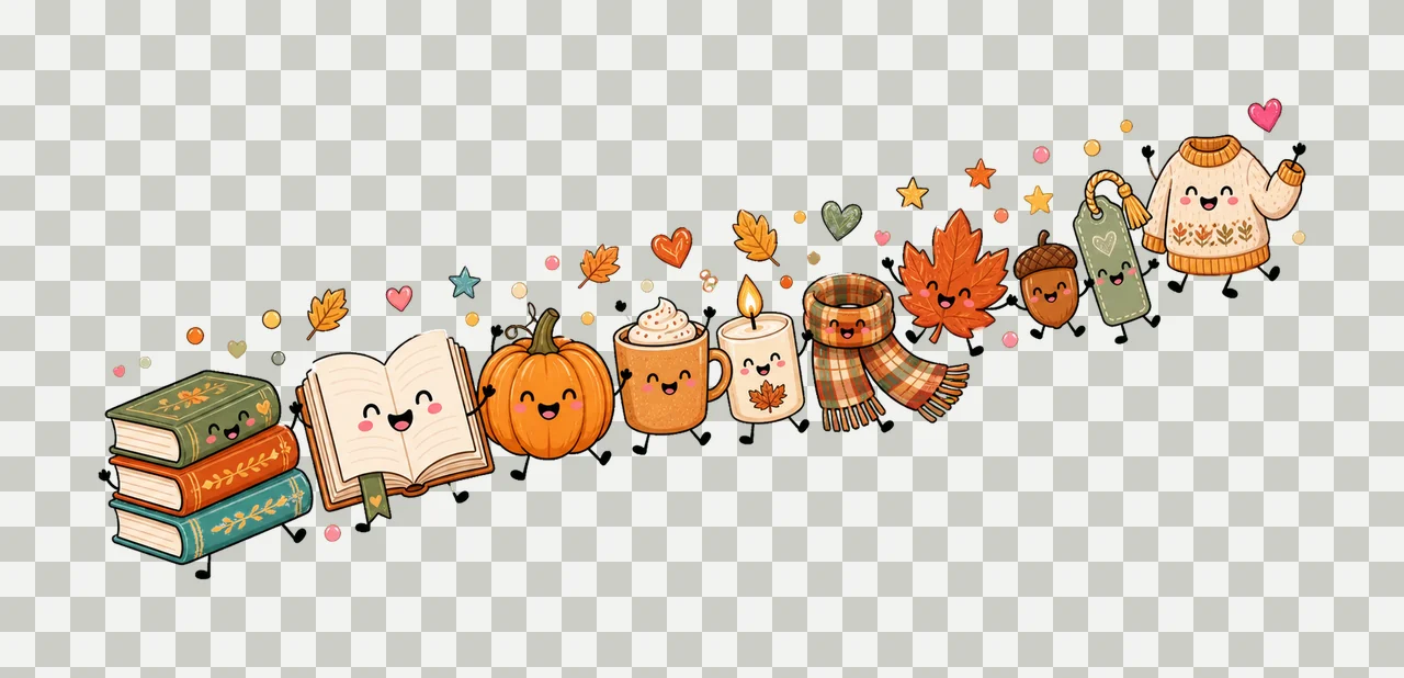 Cute Fall Book Characters Cozy Autumn Reading Variation D transparency and detail preview thumbnail