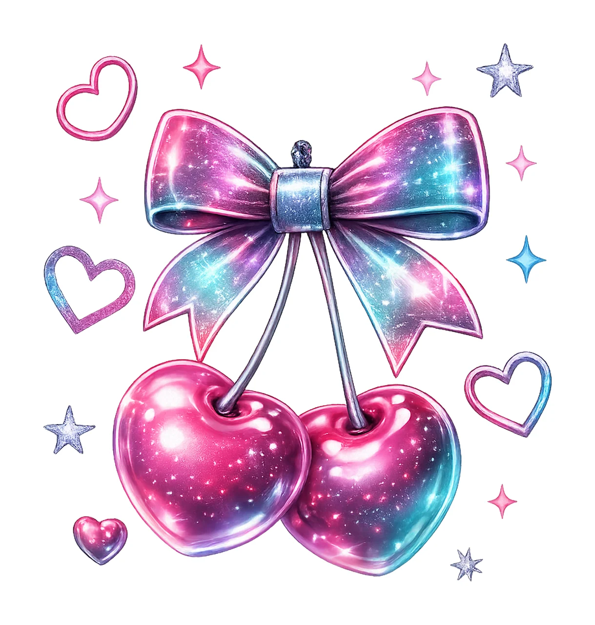 Coquette Cherry Sublimation Design Silver Glitter Bow Heart
