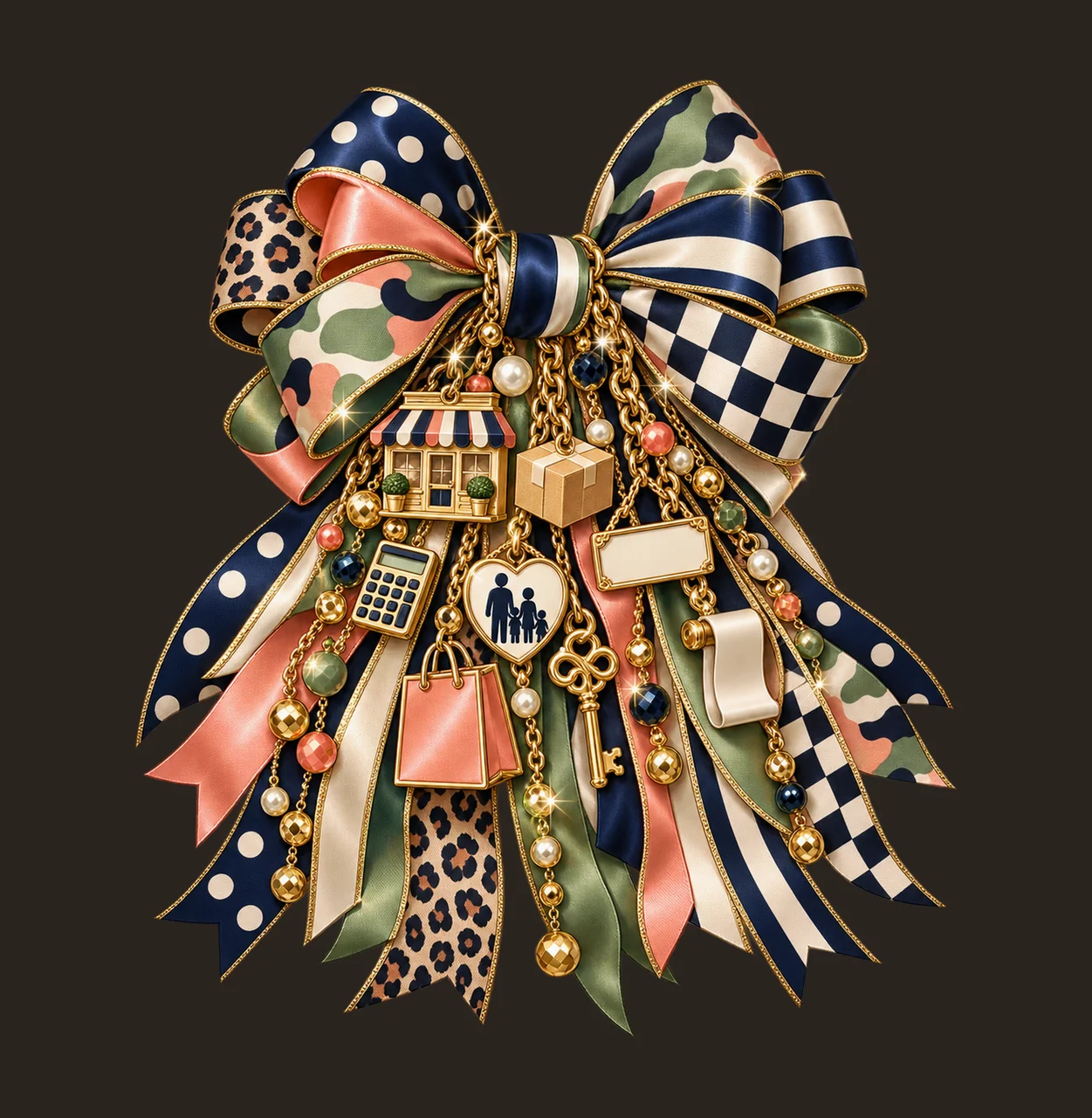 Mom and Pop Small Business Family Bow Charm PNG, Themed Gold Chain Charms, Coquette Ribbon Sublimation Design, Transparent Digital Download contrast preview thumbnail