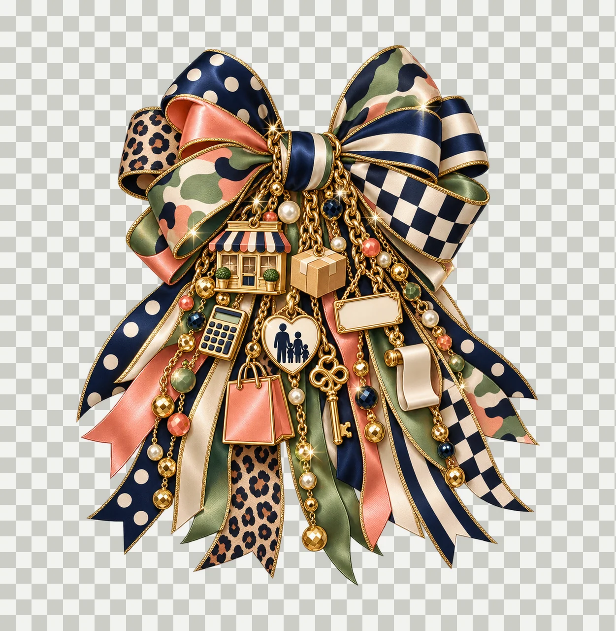 Mom and Pop Small Business Family Bow Charm PNG, Themed Gold Chain Charms, Coquette Ribbon Sublimation Design, Transparent Digital Download transparency and detail preview thumbnail