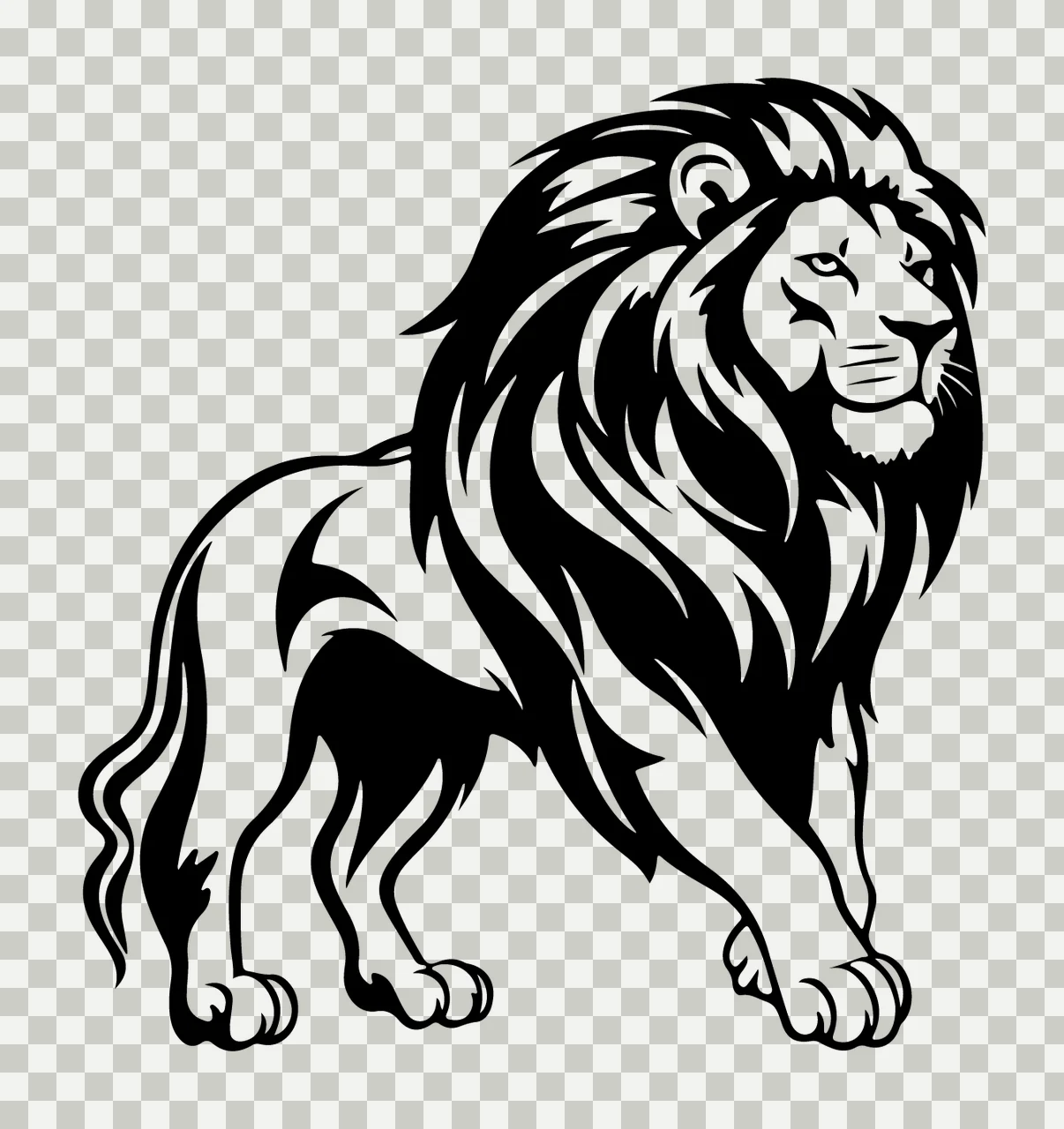 Lion Side View Walking Silhouette mane tail black white background transparency and detail preview thumbnail