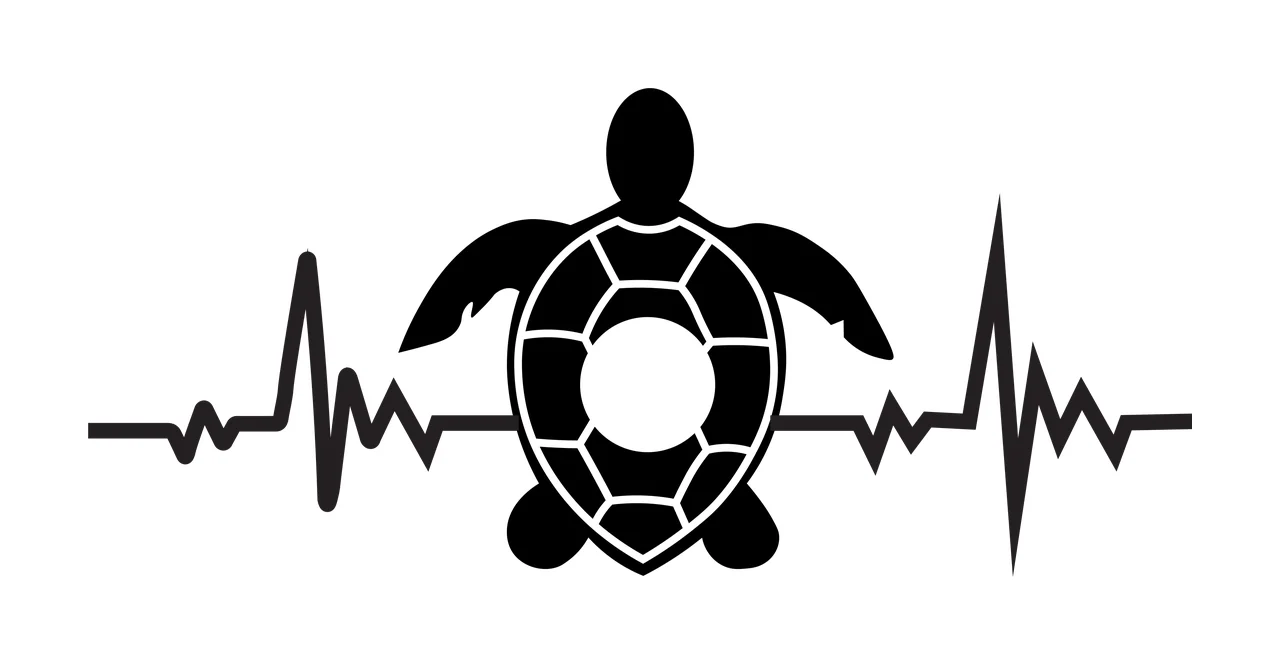 Silhouette Design of sea turtle heartbeat design with heartbeat line, EKG pulse wave and patterned shell in black and white
