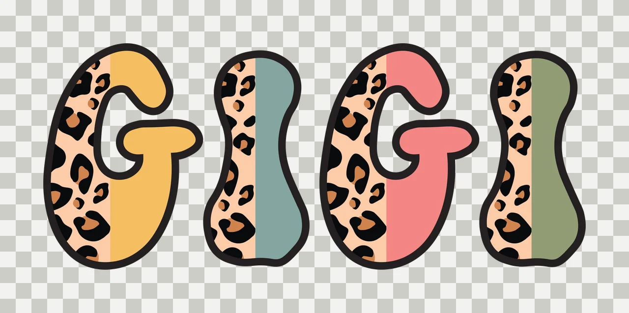 GIGI Typography Design with leopard print pattern, pastel color blocks, bold black outlines and letter G in yellow and beige transparency and detail preview thumbnail