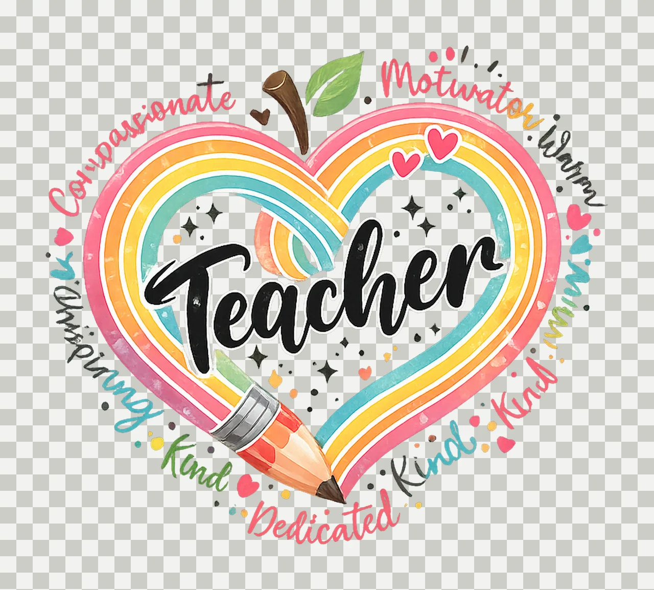 Teacher Heart Apple Pencil Graduation Sublimation Design transparency and detail preview thumbnail