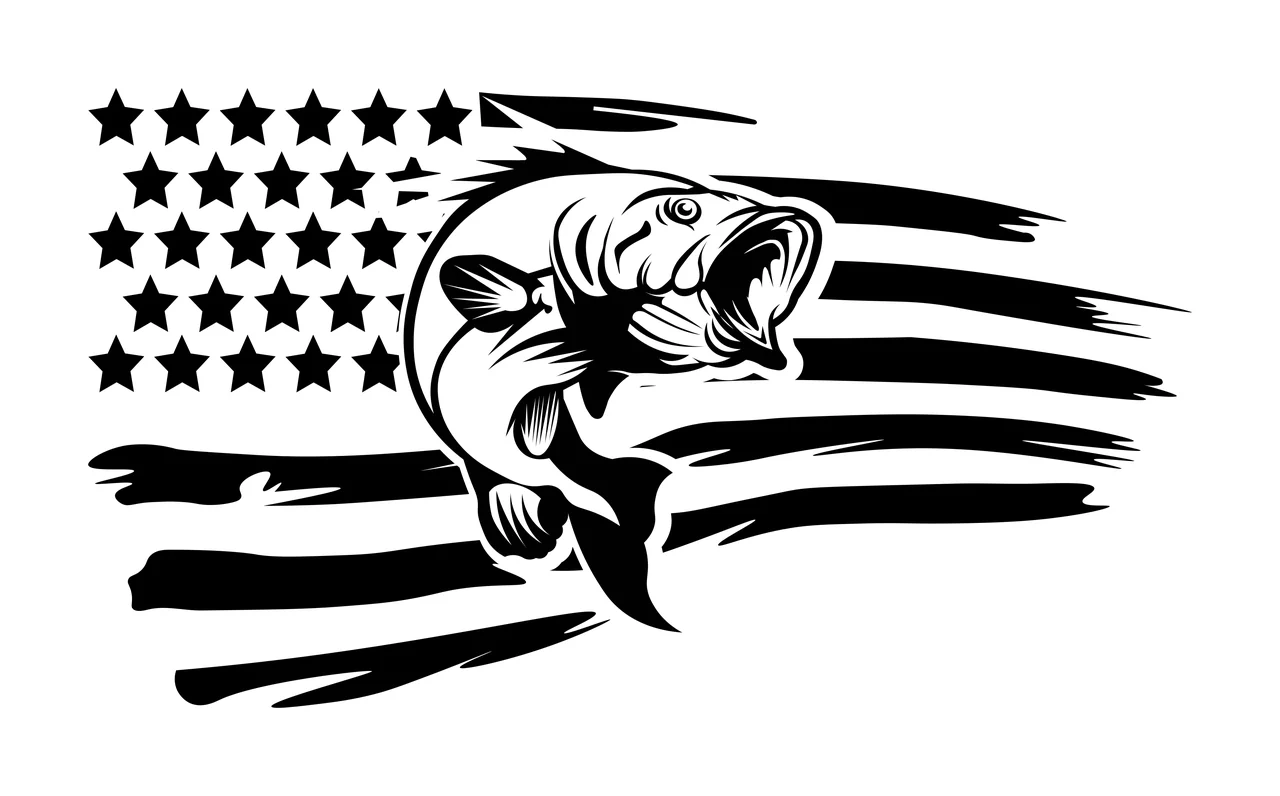 Fishing Bass Fish Over American Flag jumping stars stripes