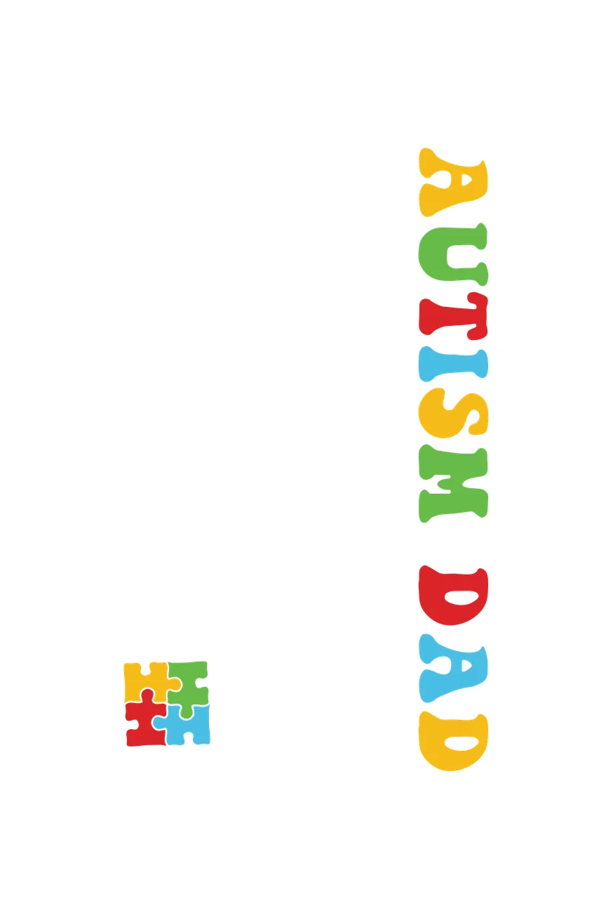AUTISM DAD Typography Design with vertical text 'AUTISM DAD' and four interlocking puzzle pieces in yellow, green and red