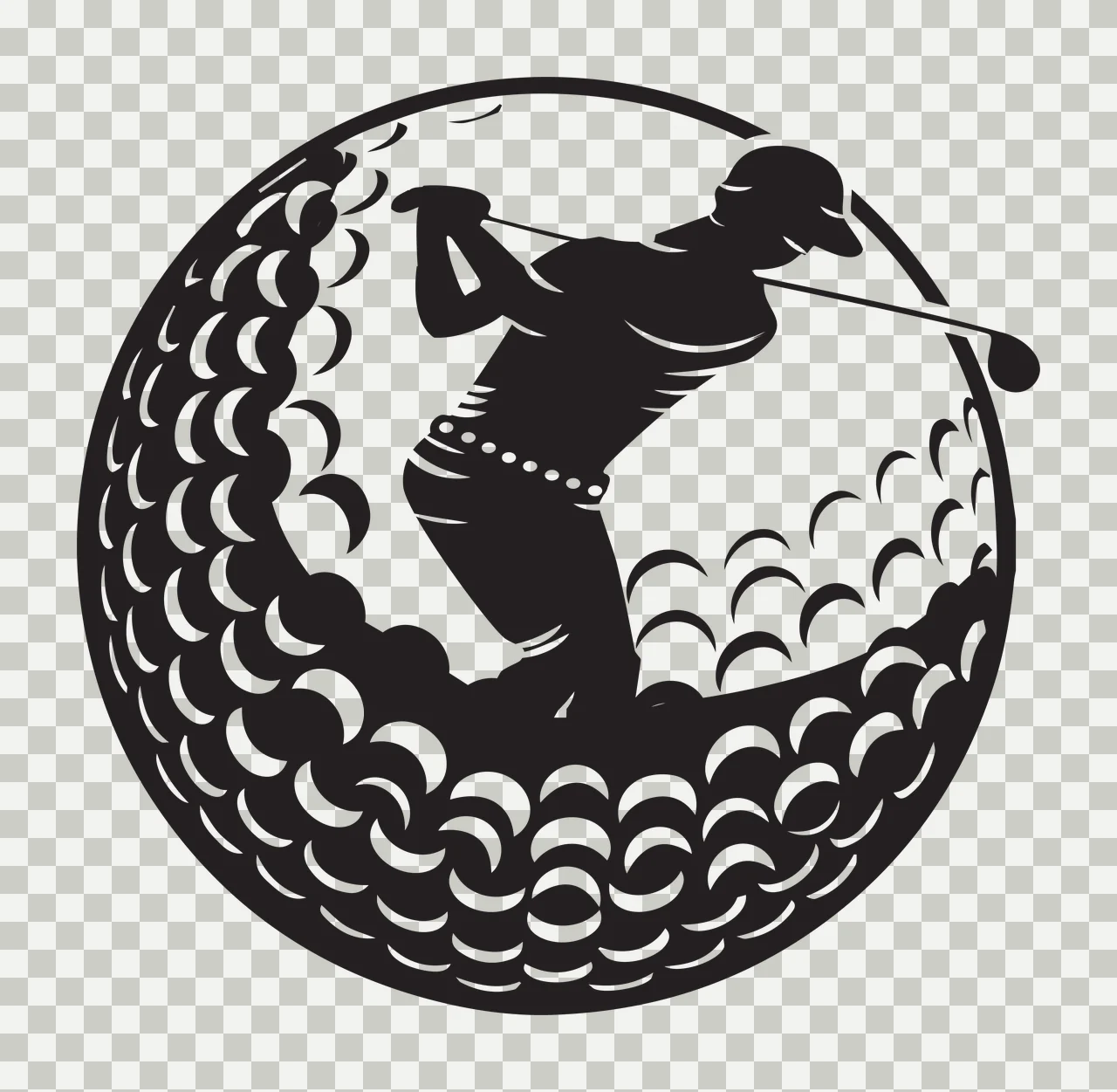 Golf Silhouette Of Golfer Swinging Club Inside ball black white transparency and detail preview thumbnail