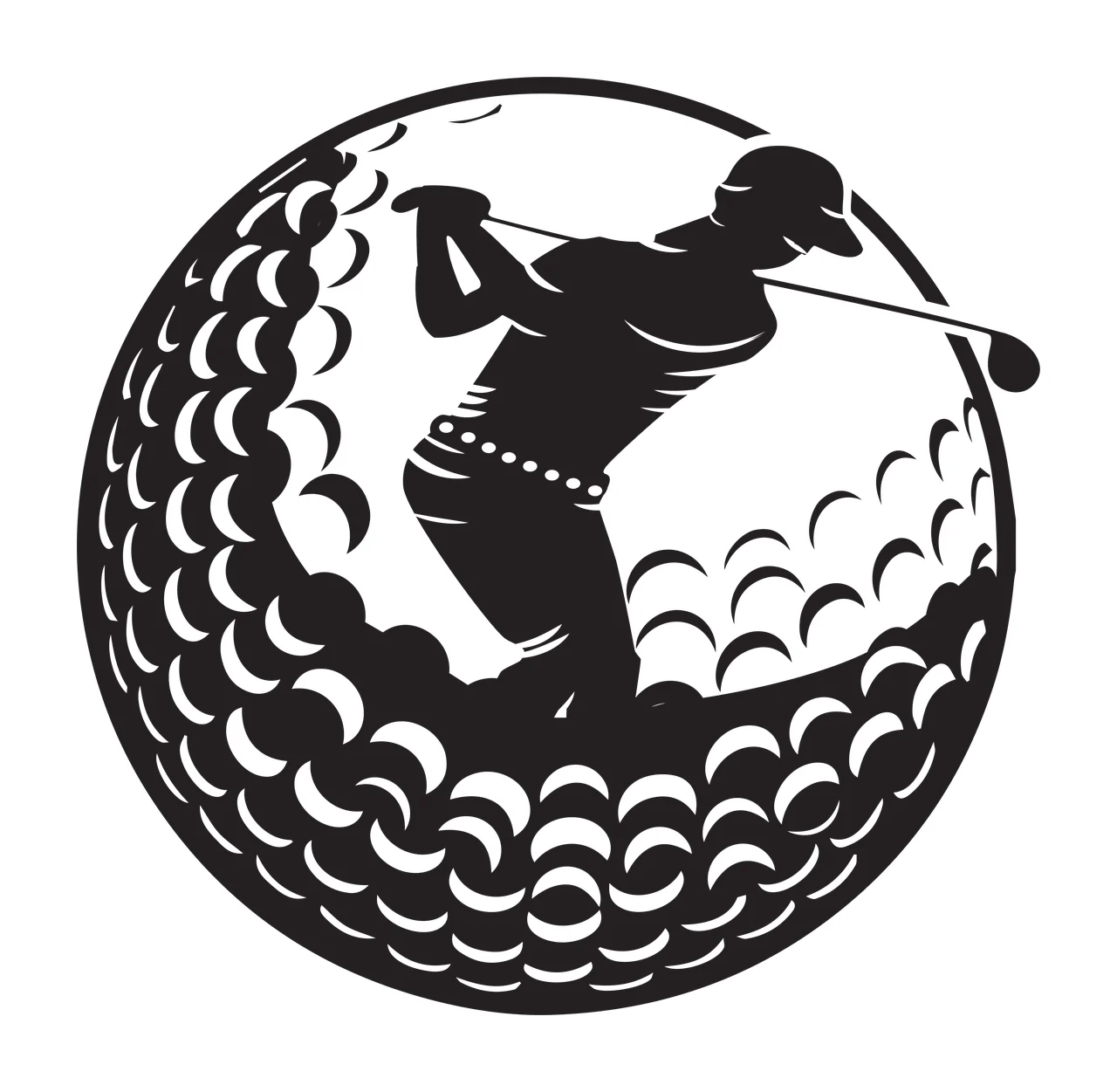 Golf Silhouette Of Golfer Swinging Club Inside ball black white