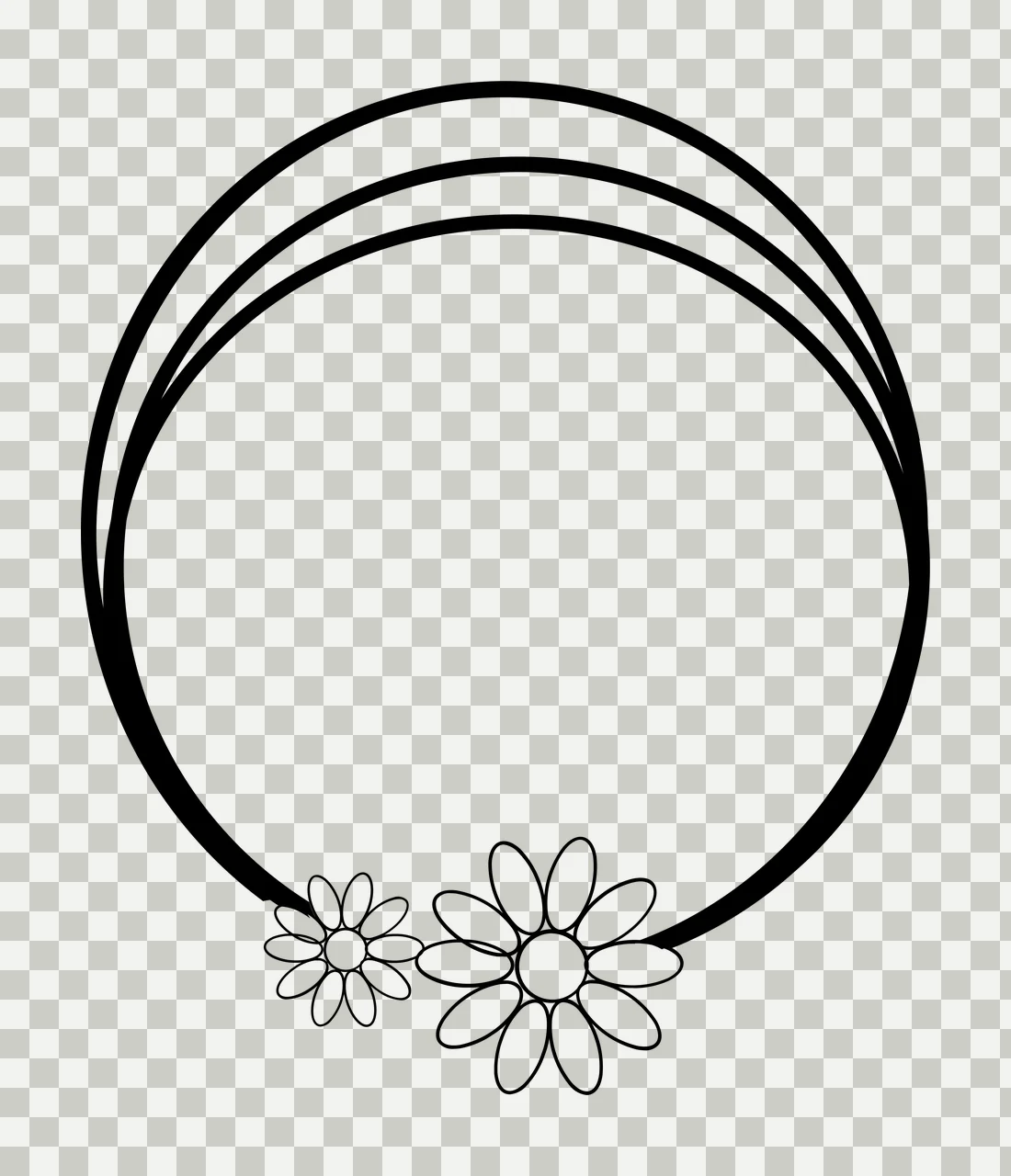 Line Art Illustration of circular frame with triple circle and daisy flowers in black and white transparency and detail preview thumbnail