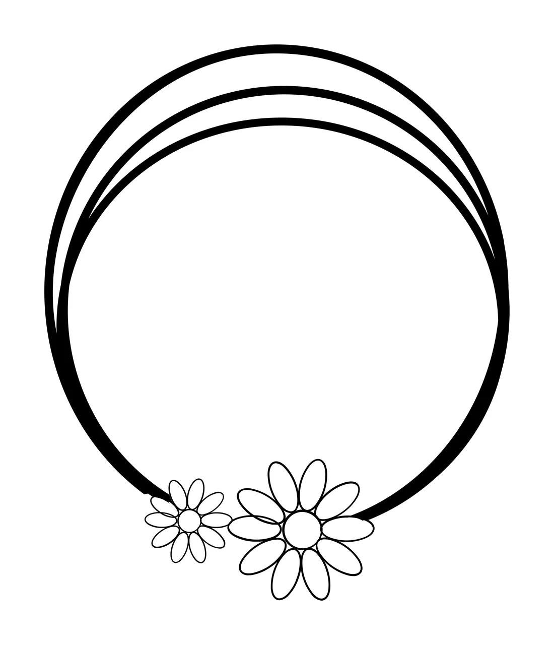 Line Art Illustration of circular frame with triple circle and daisy flowers in black and white