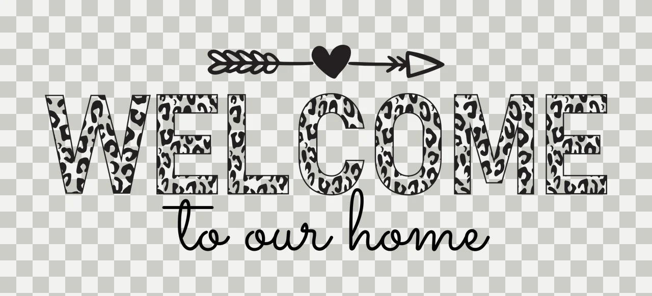 WELCOME to our home Leopard print welcome sign Design with leopard print letters WELCOME, black arrow with heart center, cursive text 'to our home' and white background transparency and detail preview thumbnail