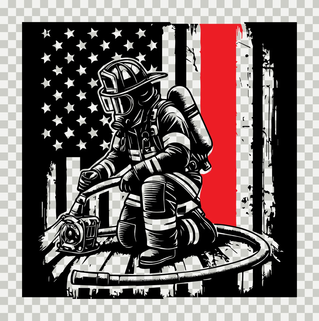 Flag Firefighter Kneeling Before American hose fire helmet transparency and detail preview thumbnail