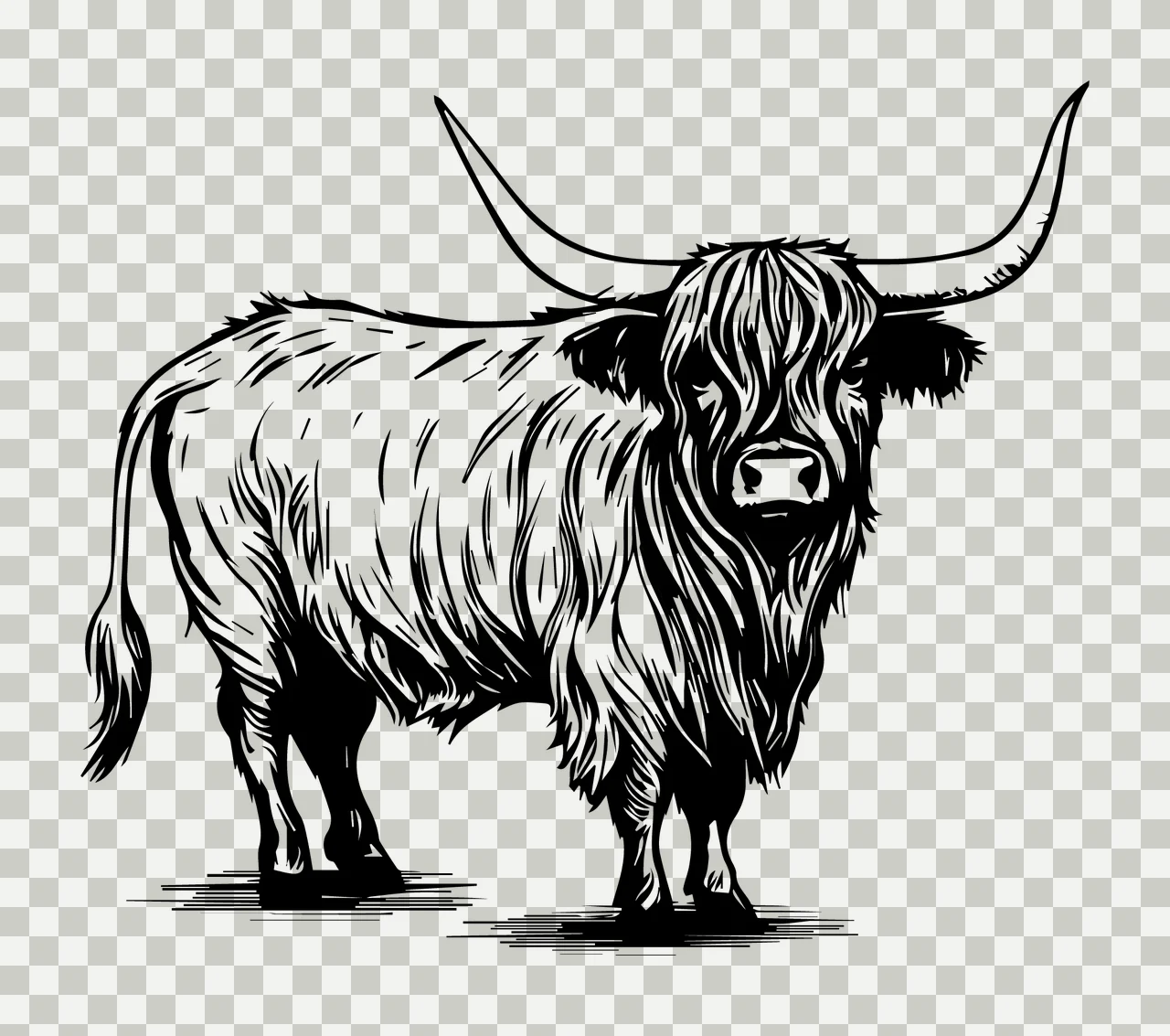 Highland Cow Cattle With Long Horns standing hair hooves tail transparency and detail preview thumbnail