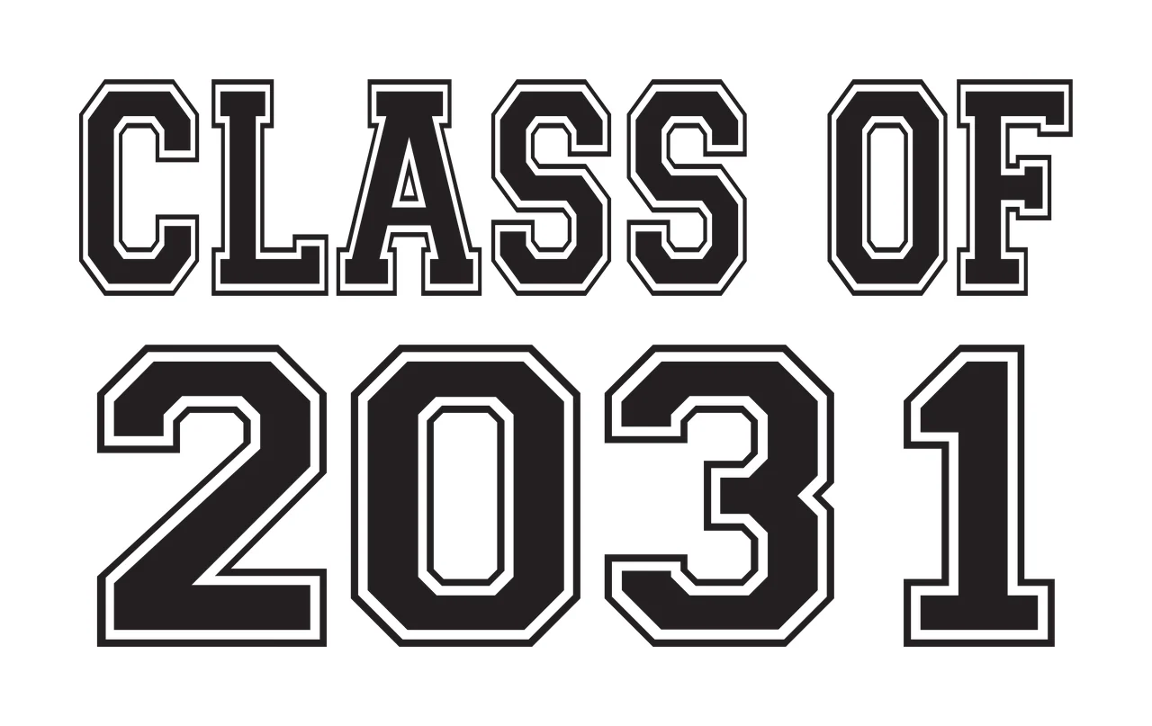 CLASS OF 2031 Typography Design with black text with white outline, two-line layout, bold block letters and numbers 2031