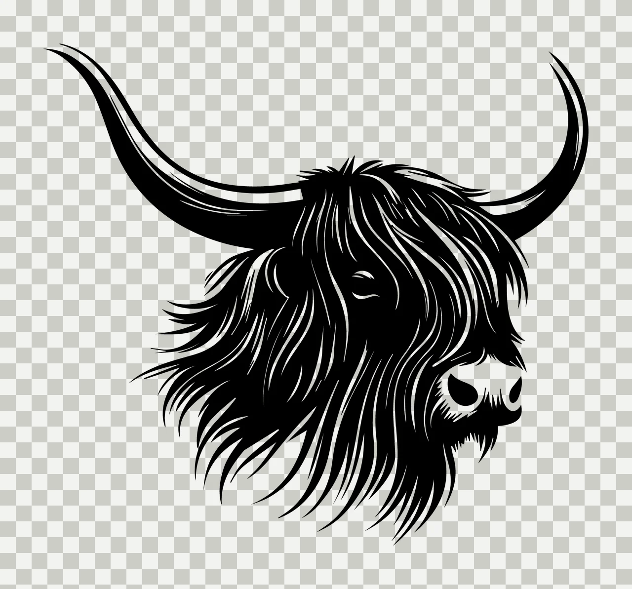 Black And White Highland Cattle Head facing forward horns hair transparency and detail preview thumbnail