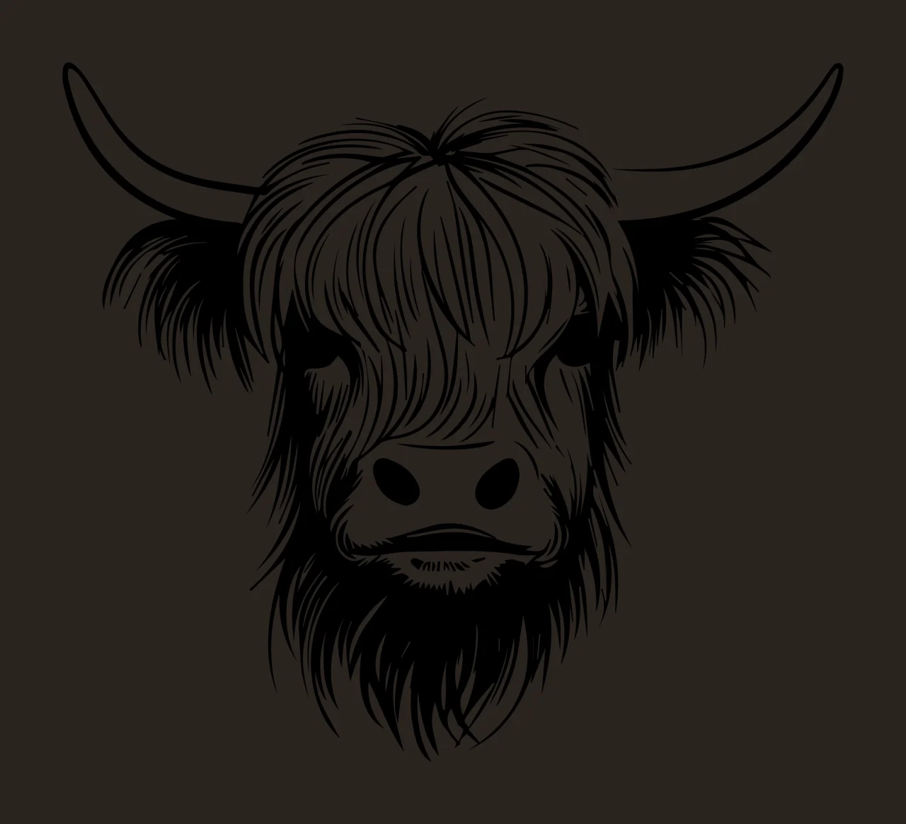 Hairy Bull Head Front View looking forward horn fur line art contrast preview thumbnail