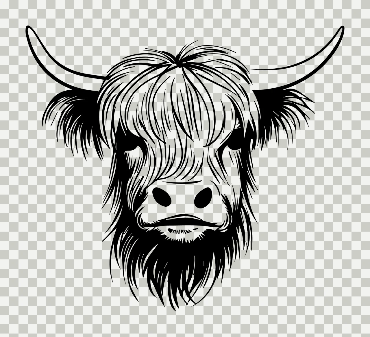 Hairy Bull Head Front View looking forward horn fur line art transparency and detail preview thumbnail