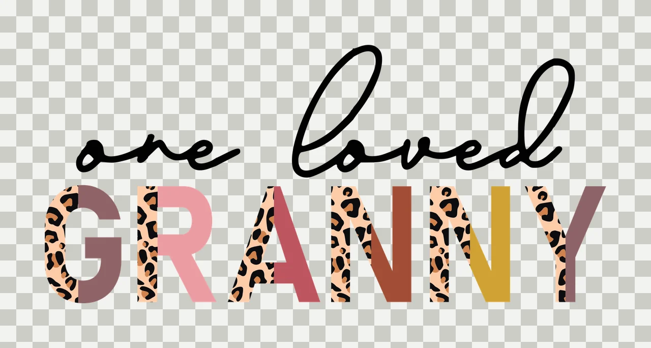One loved GRANNY Typography Design with black cursive script 'one loved', leopard print letters in 'GRANNY', pastel gradient letters in 'GRANNY' and white background in beige and brown transparency and detail preview thumbnail