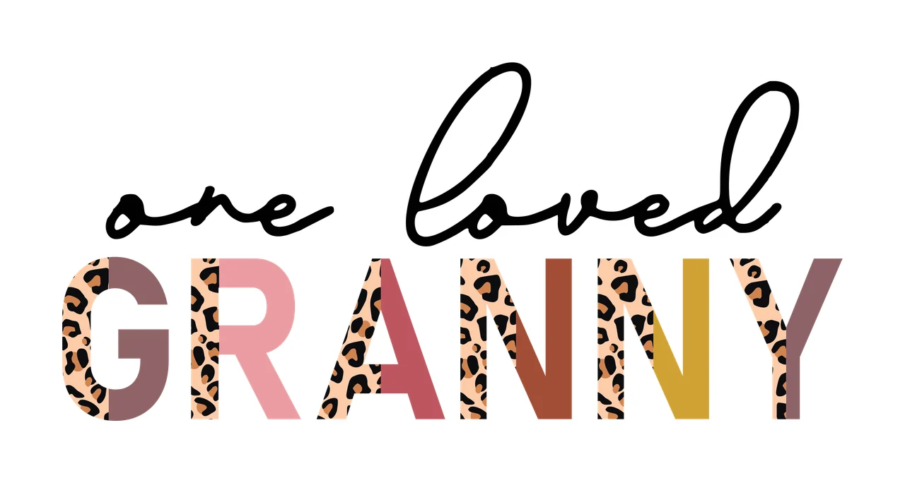 One loved GRANNY Typography Design with black cursive script 'one loved', leopard print letters in 'GRANNY', pastel gradient letters in 'GRANNY' and white background in beige and brown
