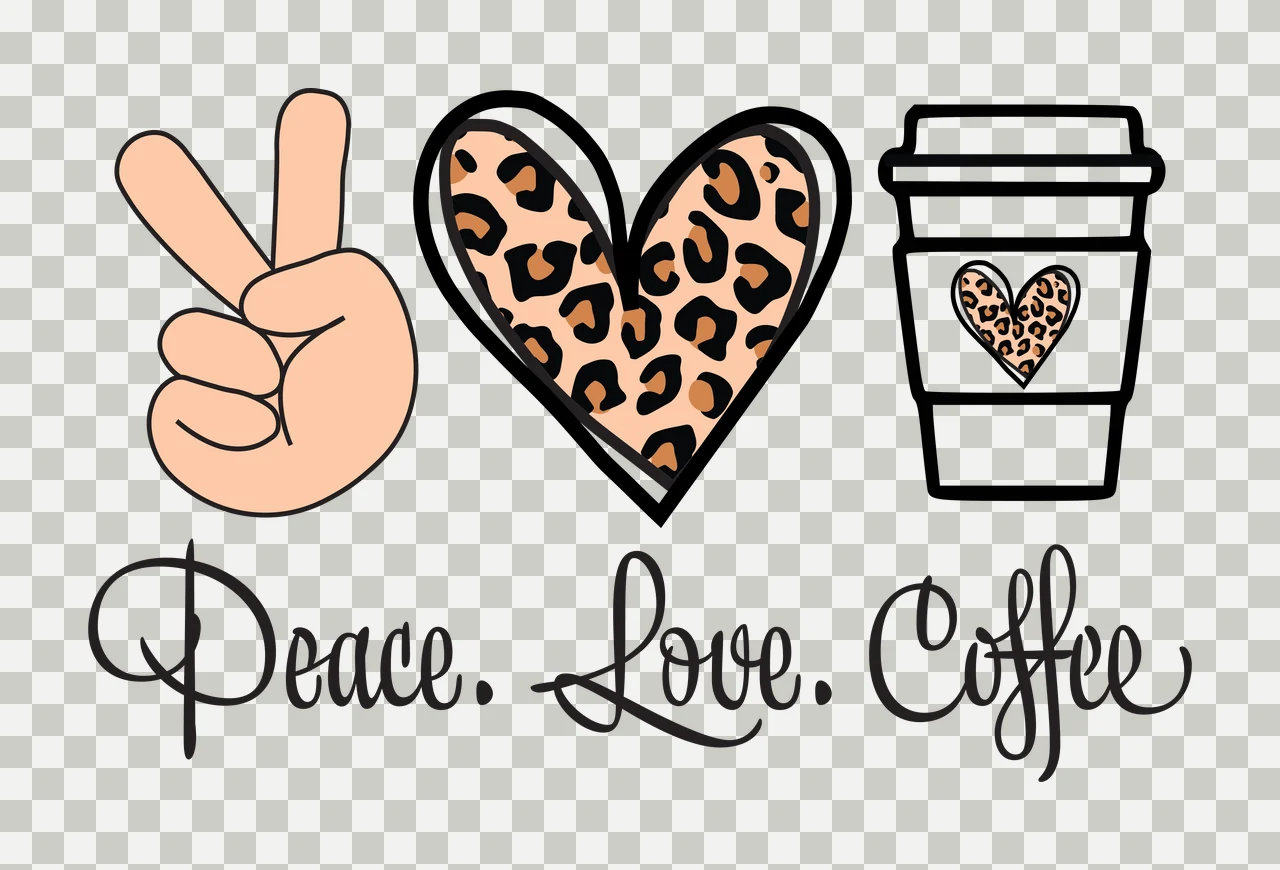 Peace. Love. Coffee Leopard print peace sign, heart, and coffee cup Design with peace sign hand gesture and cursive text in beige, brown and black transparency and detail preview thumbnail