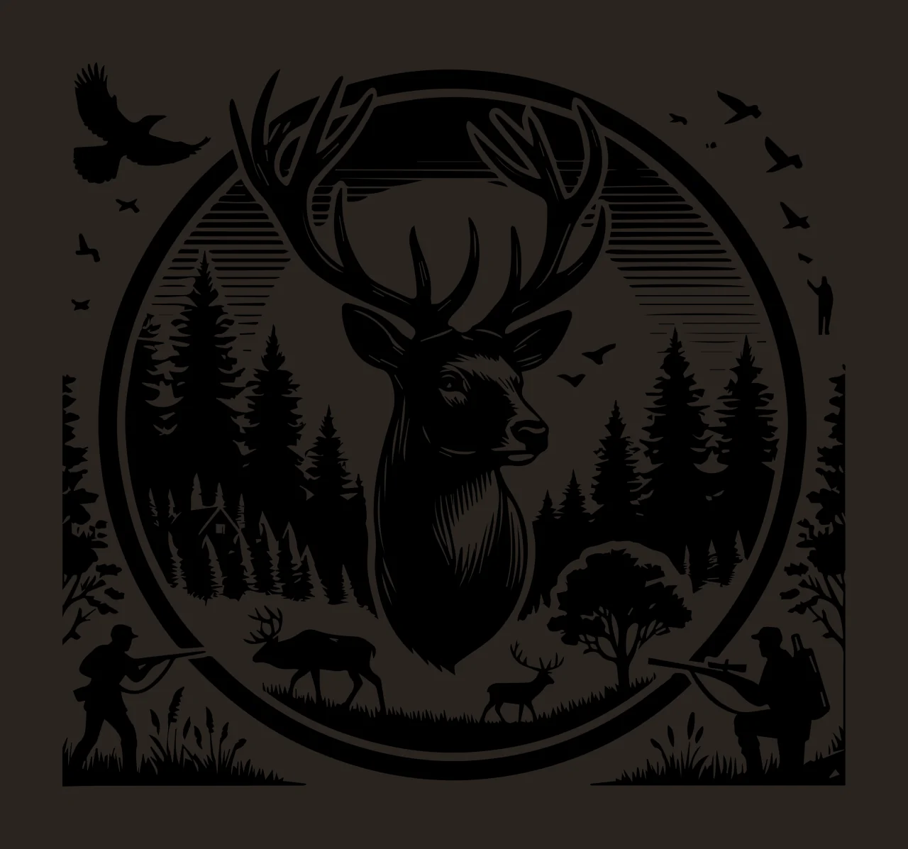 Hunting Scene With Stag And Hunters trees circle circular woodcut contrast preview thumbnail
