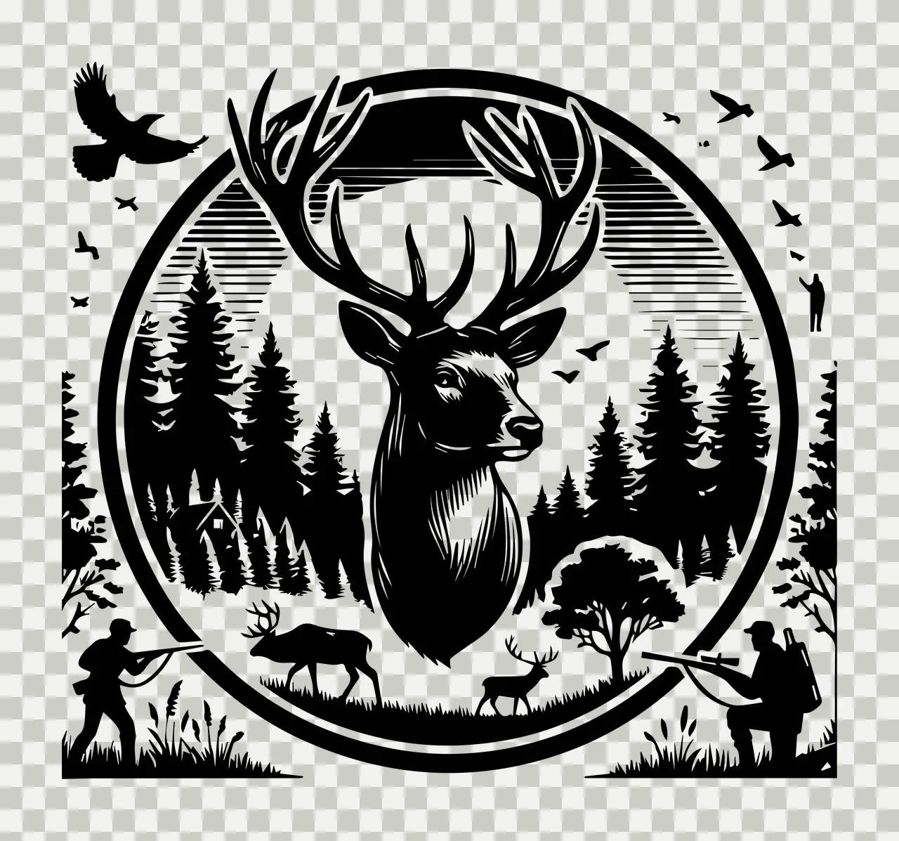 Hunting Scene With Stag And Hunters trees circle circular woodcut transparency and detail preview thumbnail