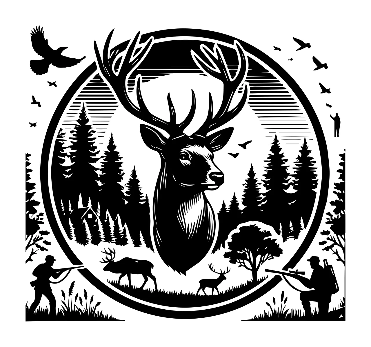Hunting Scene With Stag And Hunters trees circle circular woodcut