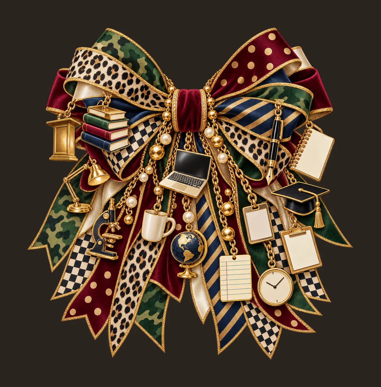 College Professor Bow Charm PNG, Themed Gold Chain Charms, Coquette Ribbon Sublimation Design, Transparent Digital Download contrast preview thumbnail