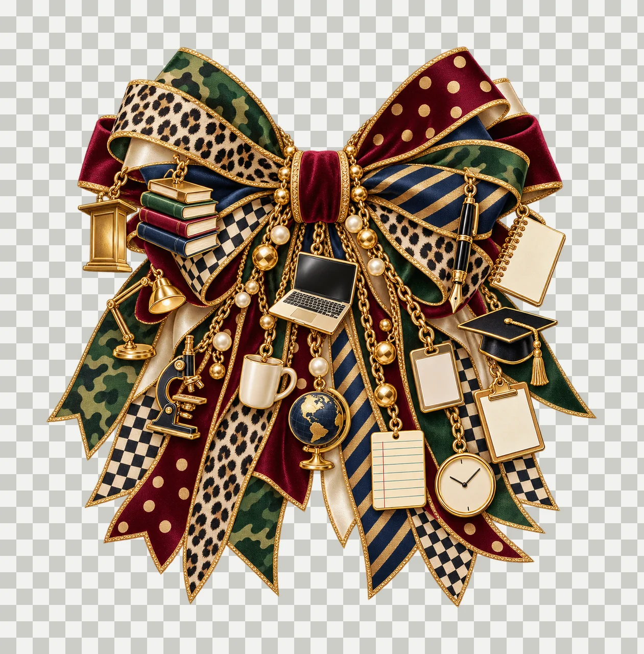 College Professor Bow Charm PNG, Themed Gold Chain Charms, Coquette Ribbon Sublimation Design, Transparent Digital Download transparency and detail preview thumbnail