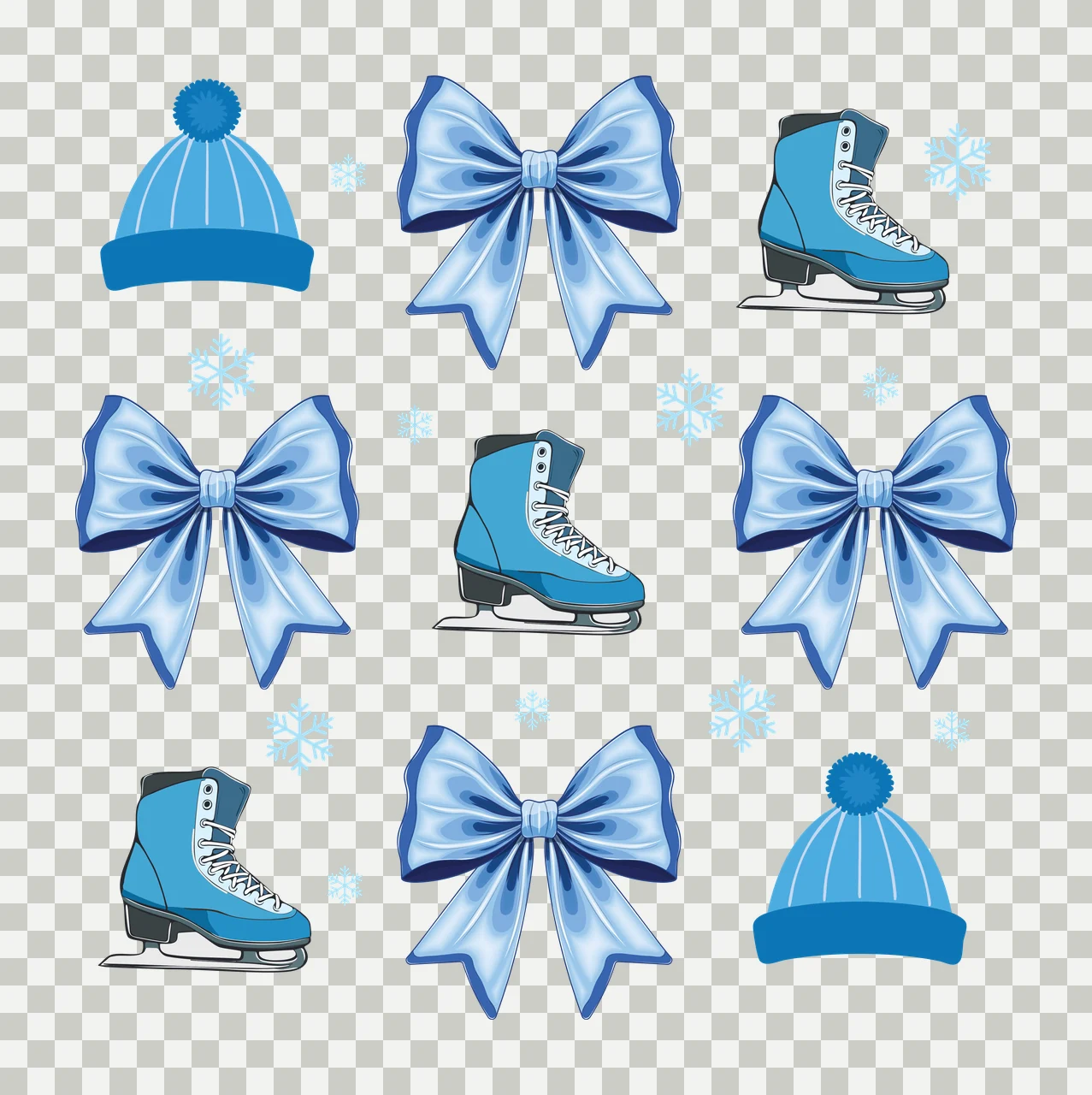 Black Silhouette Winter Hats Skates And Bows items arranged in a grid transparency and detail preview thumbnail