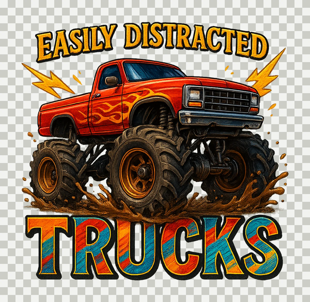 Easily Distracted by Trucks Monster Truck Sublimation Design transparency and detail preview thumbnail