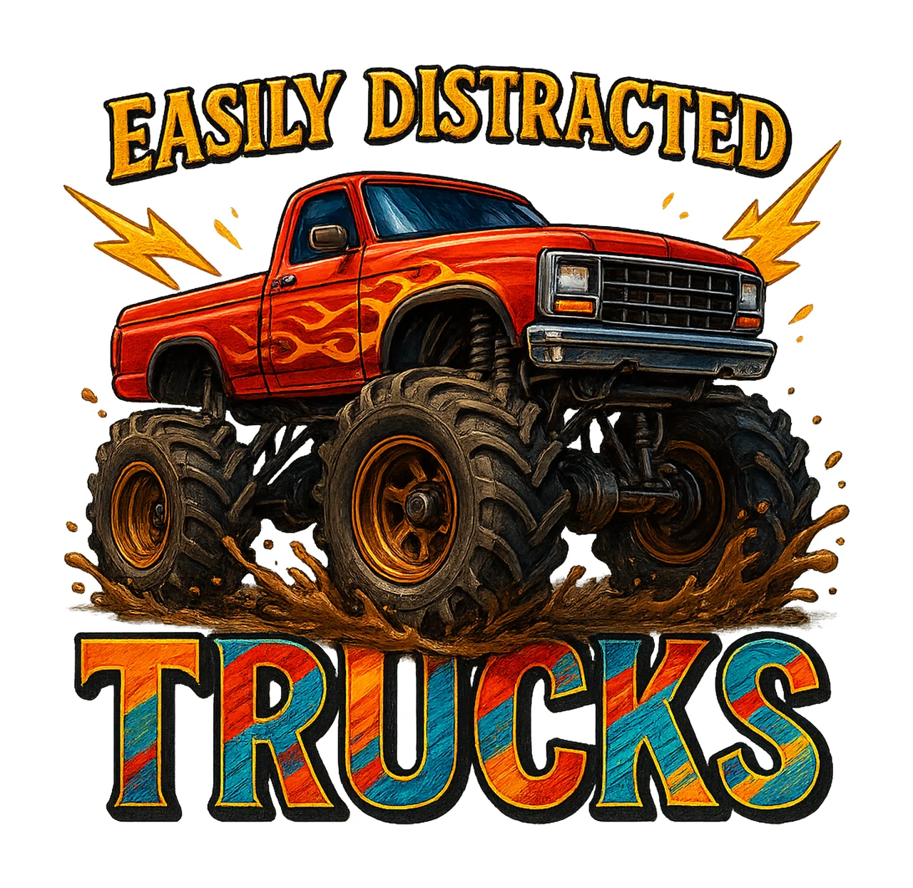 Easily Distracted by Trucks Monster Truck Sublimation Design