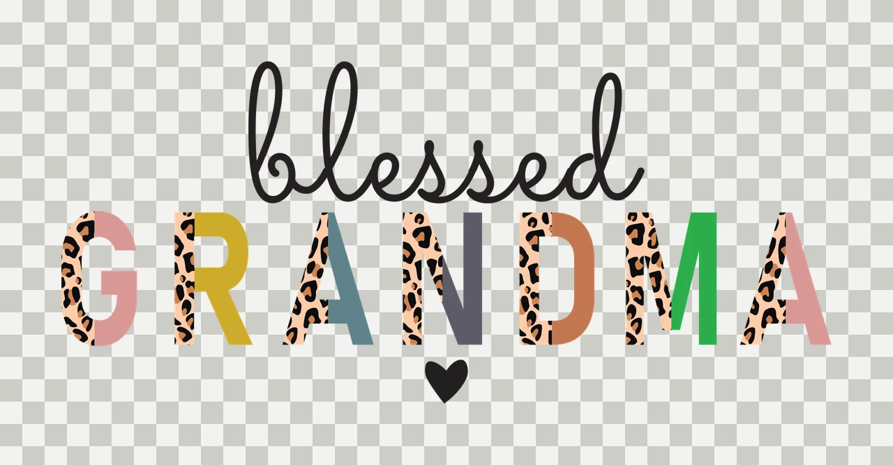 Blessed GRANDMA Typography Design with leopard print pattern, black script lettering, split block letters and small heart icon in tan and pink transparency and detail preview thumbnail