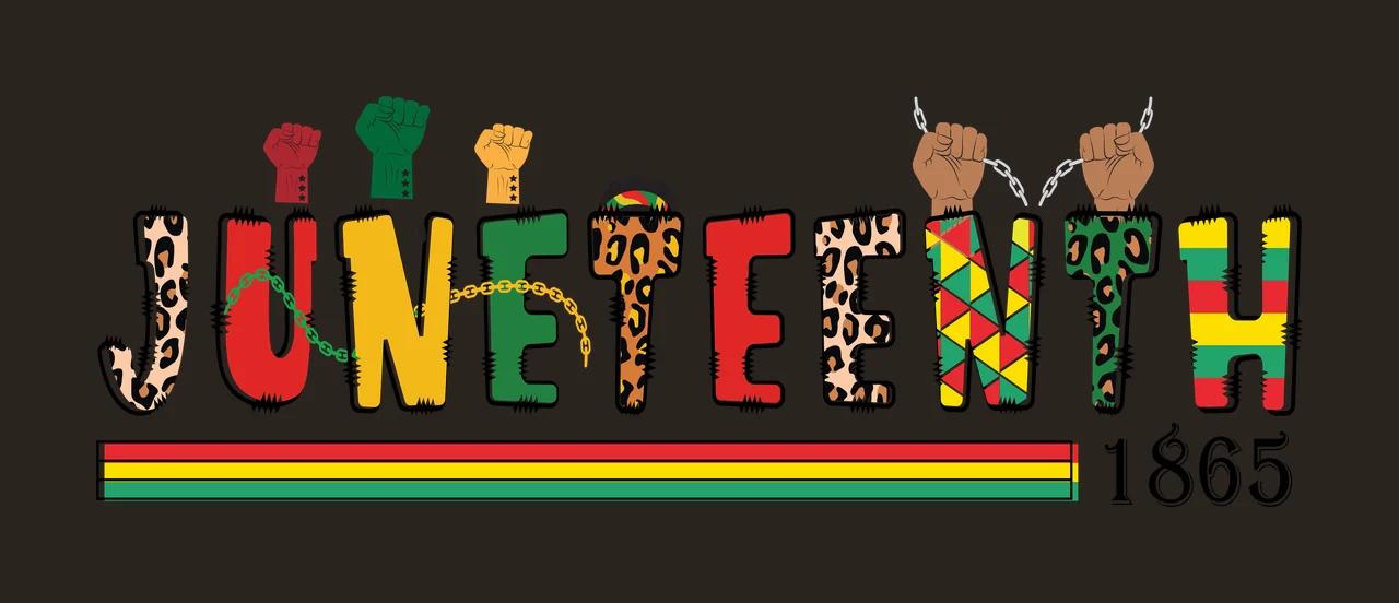 JUNETEENTH 1865 Juneteenth 1865 logo design with leopard print letters, raised fists, chain links and microphone in red, yellow and green contrast preview thumbnail
