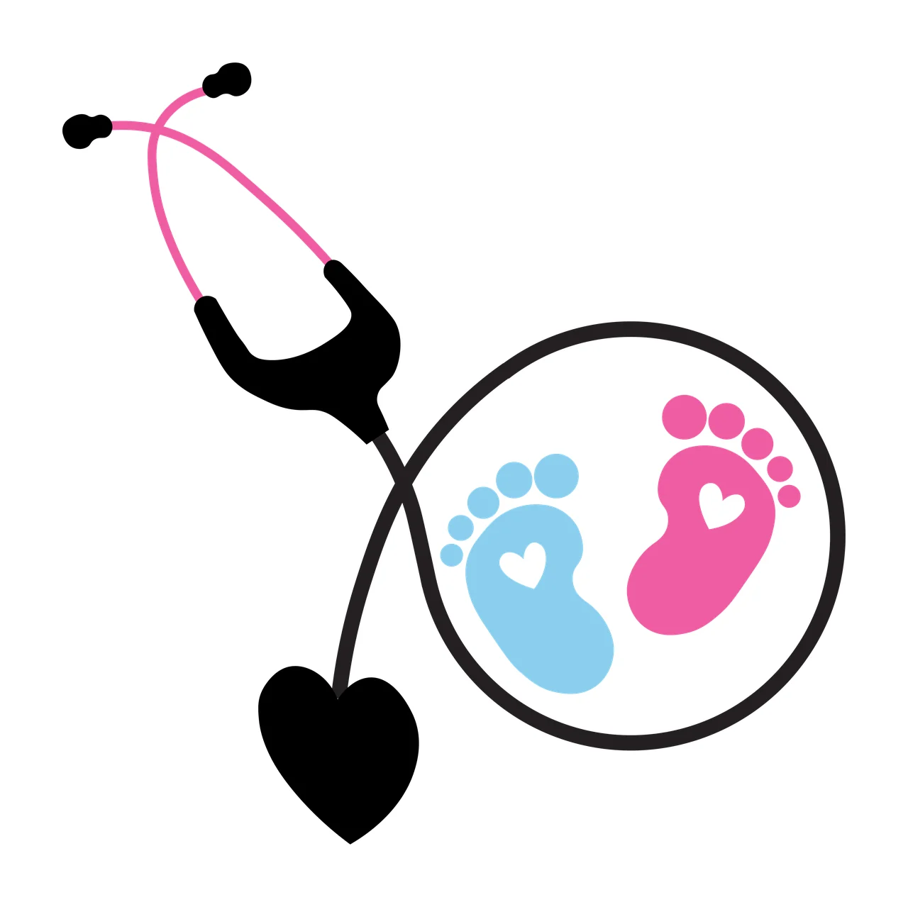 Stethoscope with baby footprints in earpiece circle Illustration with pink stethoscope tubing, black stethoscope body, black heart-shaped diaphragm and blue baby footprint with white heart