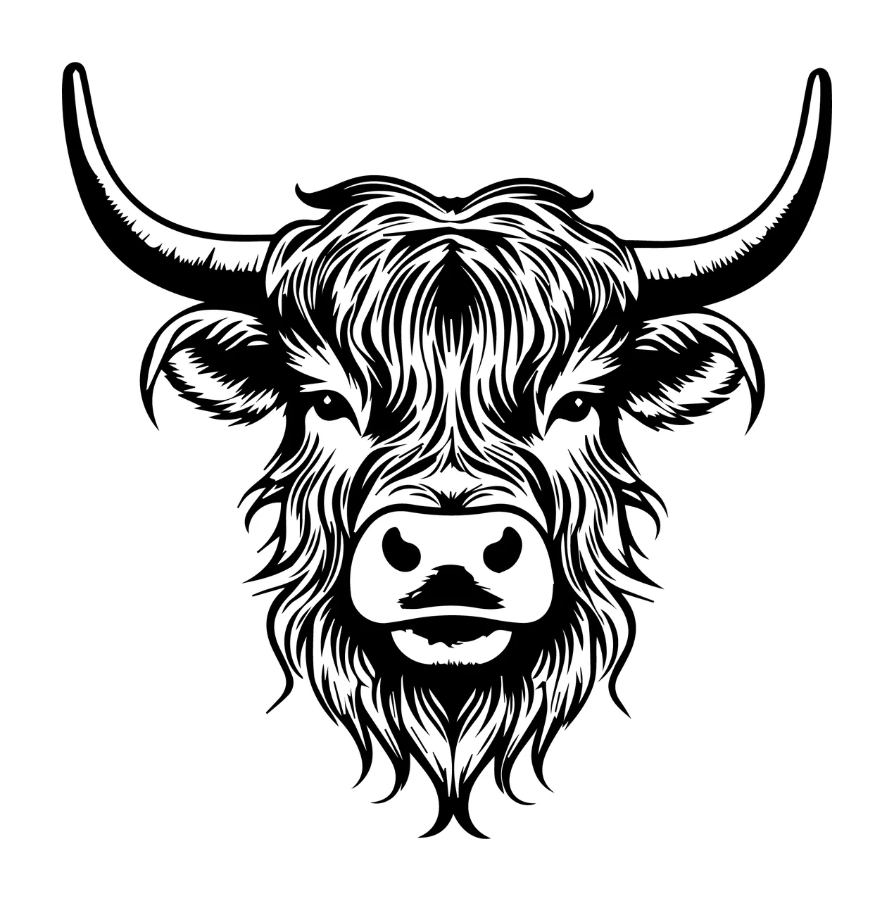 Cow Detailed Black Silhouette Portrait facing forward head