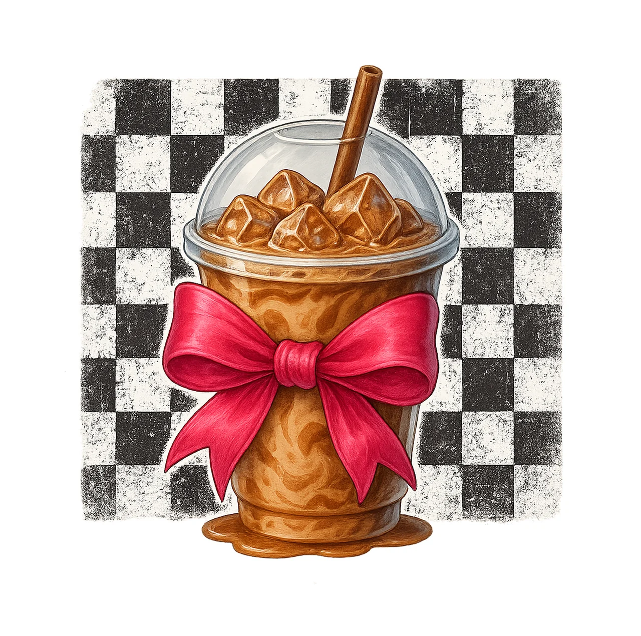 Iced Coffee coquette bow checkered pattern Soft girl